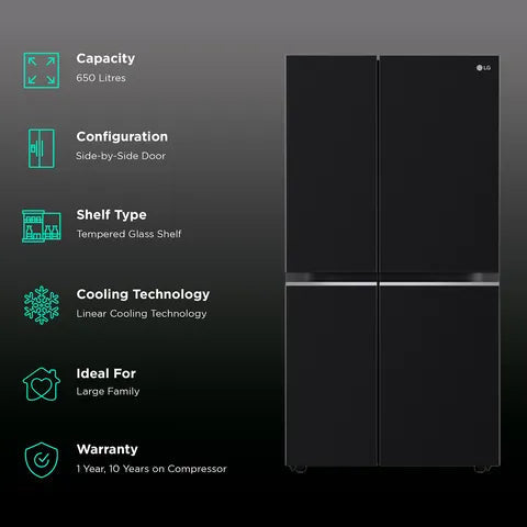 LG GLB257HWB3 Convertible 650 Litres 3 Star Frost Free Side by Side Refrigerator with Multi Air Flow (Western Black)