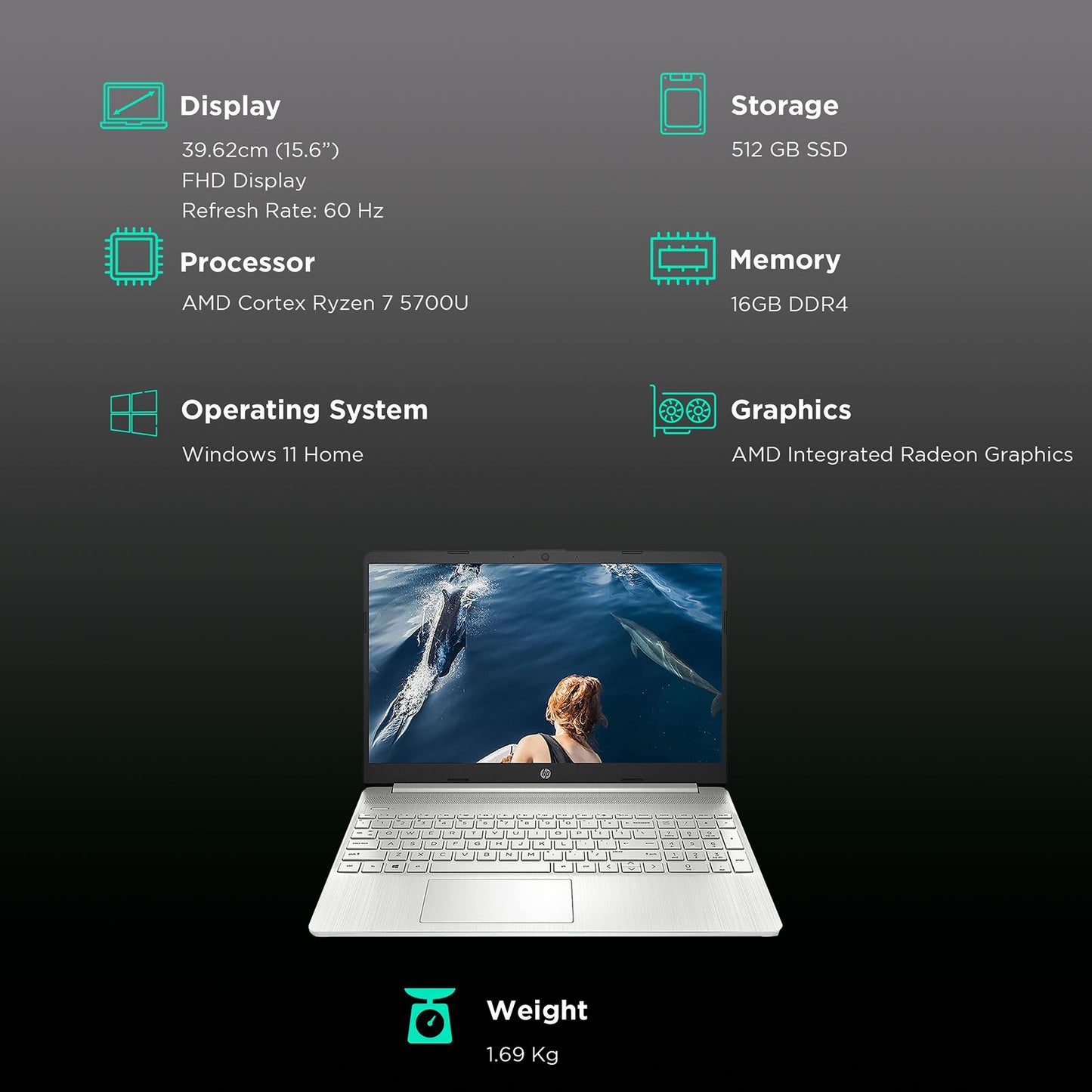 HP 15s-er2004AU AMD R7 (15.6 inch, 16GB, 512GB, Windows, MS Office 2021, AMD Radeon, Full HD Display, Natural Silver, 9A1C1PA)
