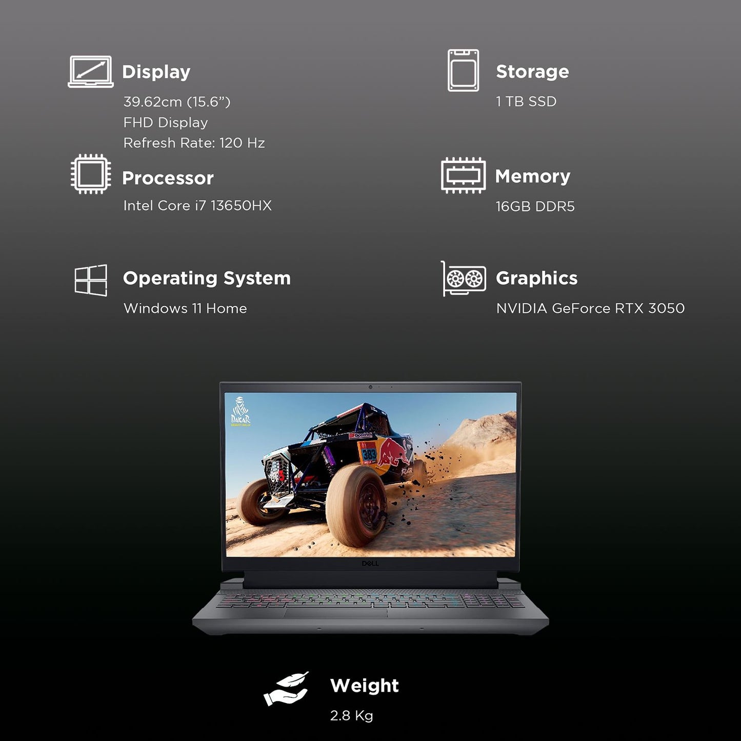 DELL G15 5530 Intel Core i7 13th Gen Laptop (16GB, 1TB SSD, Windows 11 Home, 6GB Graphics, 15.6 inch Full HD Display, MS Office 2021, Dark Shadow Gray, 2.8 KG)