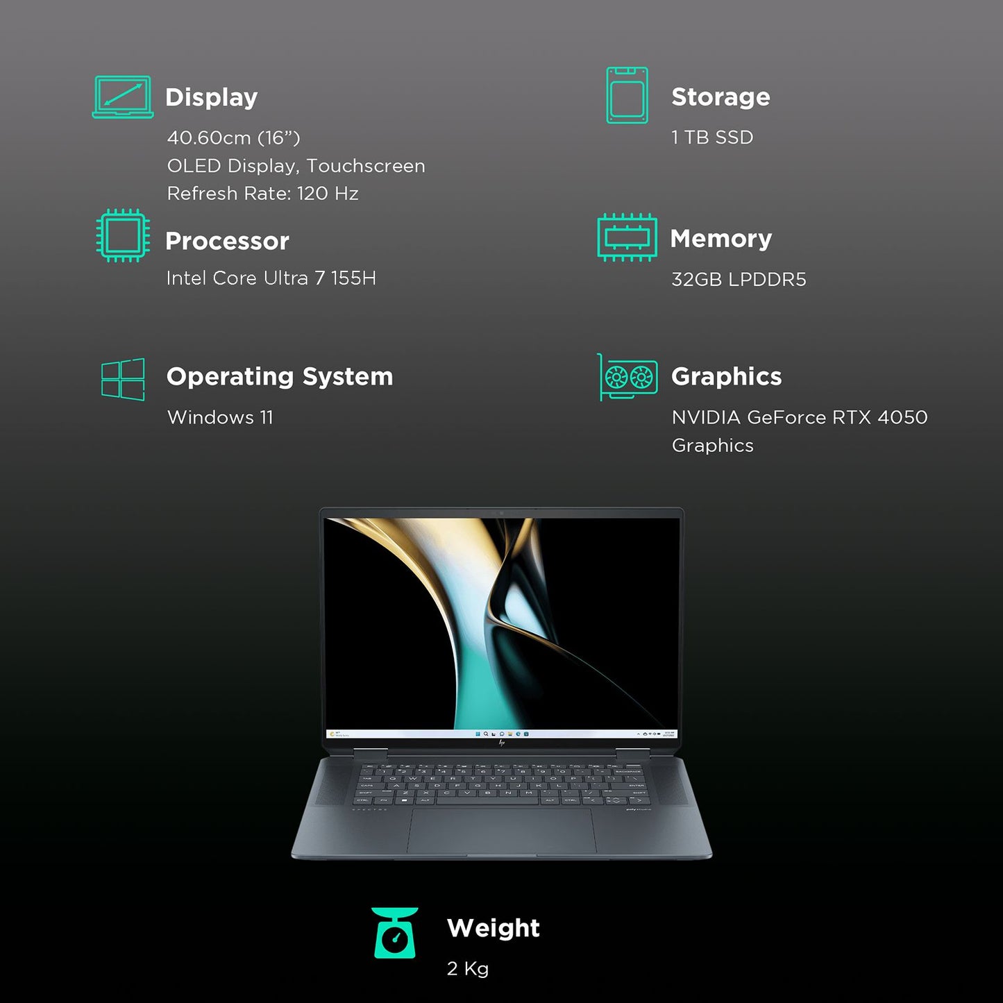 HP Spectre 16 x360 16 aa0664TX Intel Core Ultra 7 Touchscreen 2-in-1 Laptop (32GB, 1TB SSD, Windows 11 Home, 6GB Graphics, 16 inch OLED Display, Space Blue Aluminum, 1.95 KG)