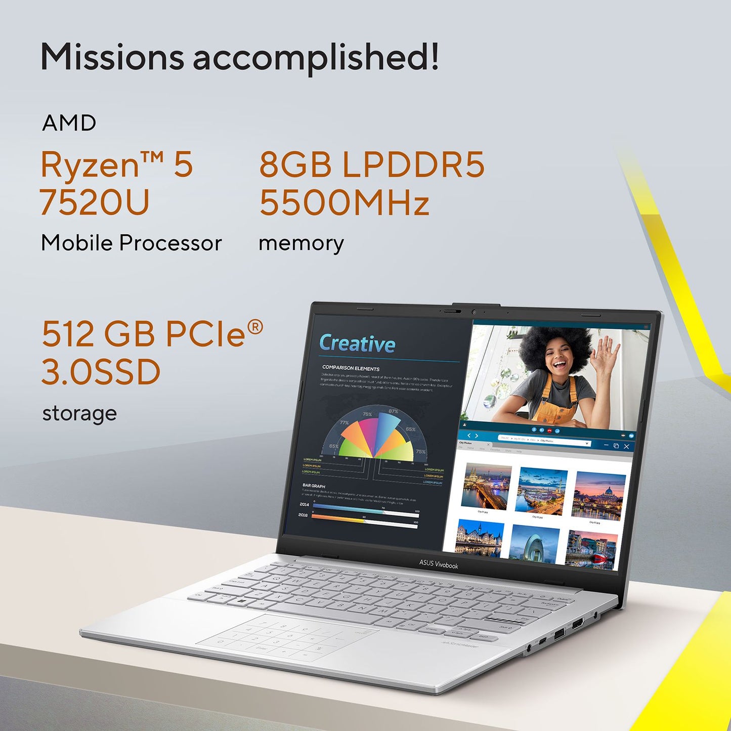 ASUS Vivobook Go 14 E1404FA-NK521WS AMD Ryzen 5 7520U 7th Gen Thin and Light Laptop (8GB, 512GB SSD, Windows 11 Home, 14 inch Full HD Display, MS Office Home & Student 2021, Cool Silver, 1.38 KG)