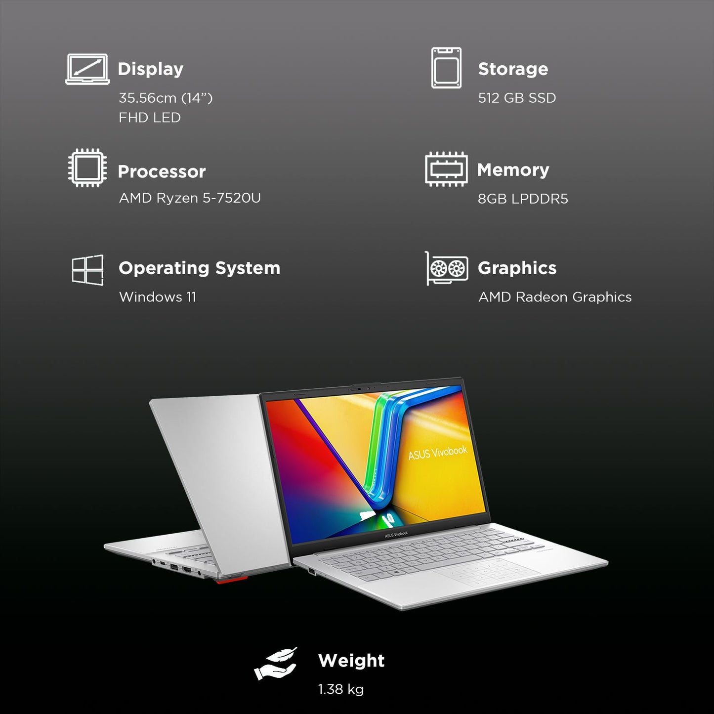 ASUS Vivobook Go 14 E1404FA-NK521WS AMD Ryzen 5 7520U 7th Gen Thin and Light Laptop (8GB, 512GB SSD, Windows 11 Home, 14 inch Full HD Display, MS Office Home & Student 2021, Cool Silver, 1.38 KG)