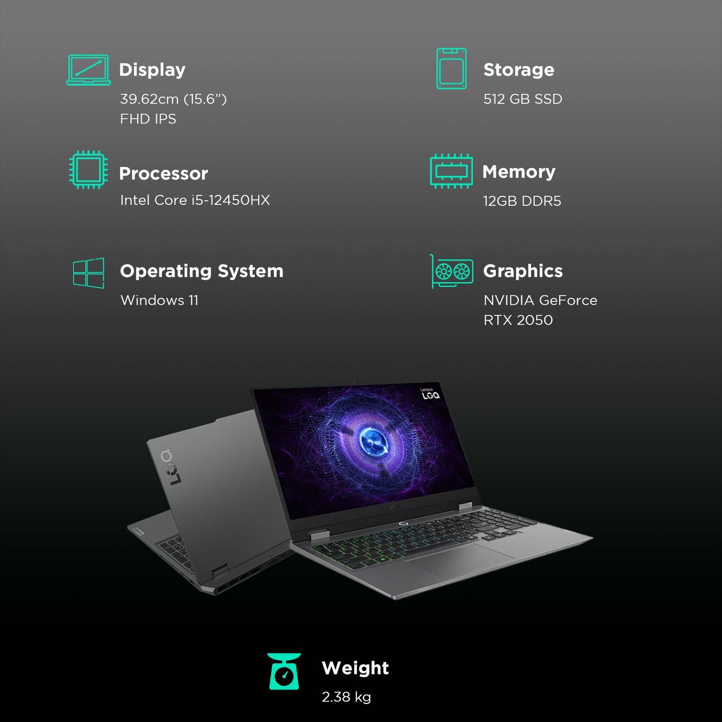 Lenovo LOQ 15IAX9 Intel Core i5 12th Gen Gaming Laptop (12GB, 512GB SSD, Windows 11 Home, 4GB Graphics, 15.6 inch 144 Hz Full HD IPS Display, NVIDIA GeForce RTX 2050, MS Office Home & Student, Luna Grey, 2.38 KG)