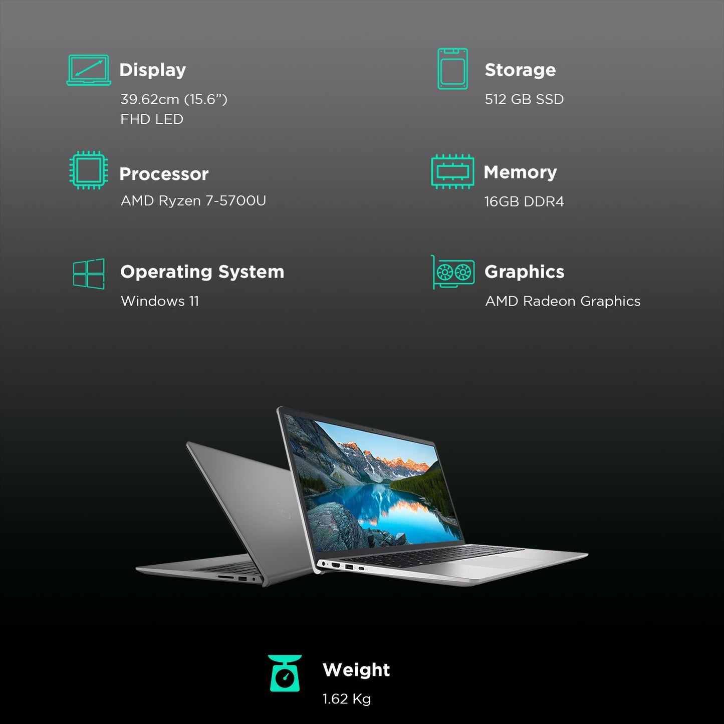 DELL Inspiron 3525 AMD Ryzen 7 5th Gen Notebook Laptop (16GB, 512GB SSD, Windows 11, 15.6 inch Full HD LED Backlit Display, MS Office Home & Student 2021, Carbon Black, 1.62 KG)