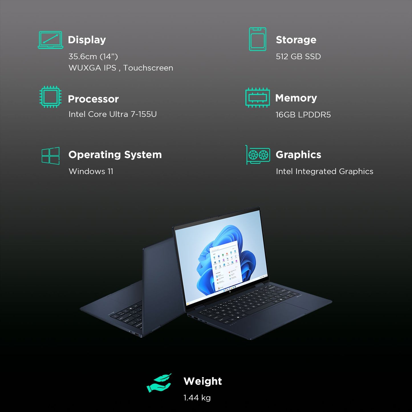 HP Envy x360 14t fc000 Intel Core Ultra 7 Touchscreen 2-in-1 Laptop (16GB, 512GB SSD, Windows 11 Home, 14 inch WUXGA IPS Display, MS Office 2021, Atmospheric Blue, 1.44 KG)