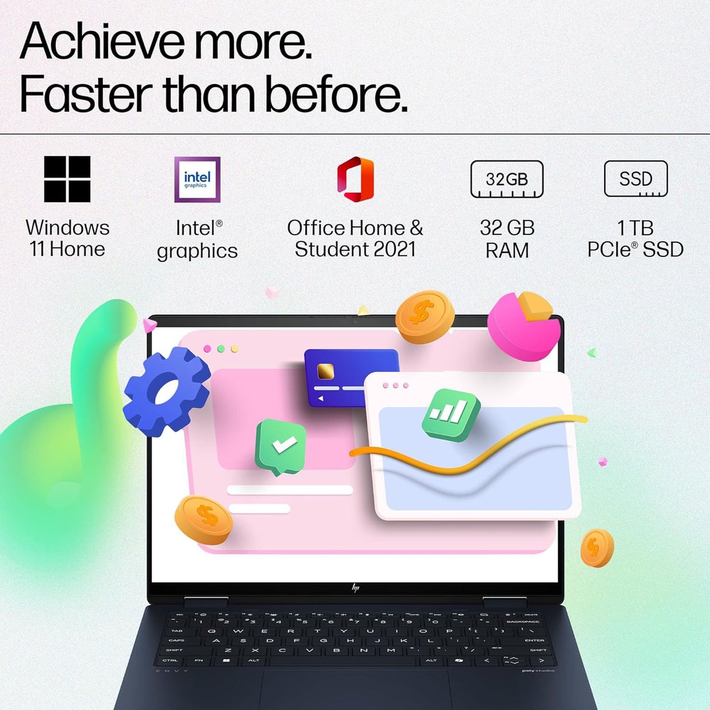 HP Envy x360 14 fc0100TU Intel Core Ultra 7 Touchscreen 2-in-1 Laptop (32GB, 1TB SSD, Windows 11 Home, 14 inch OLED Display, MS Office 2021, Atmospheric Blue, 1.39 KG)