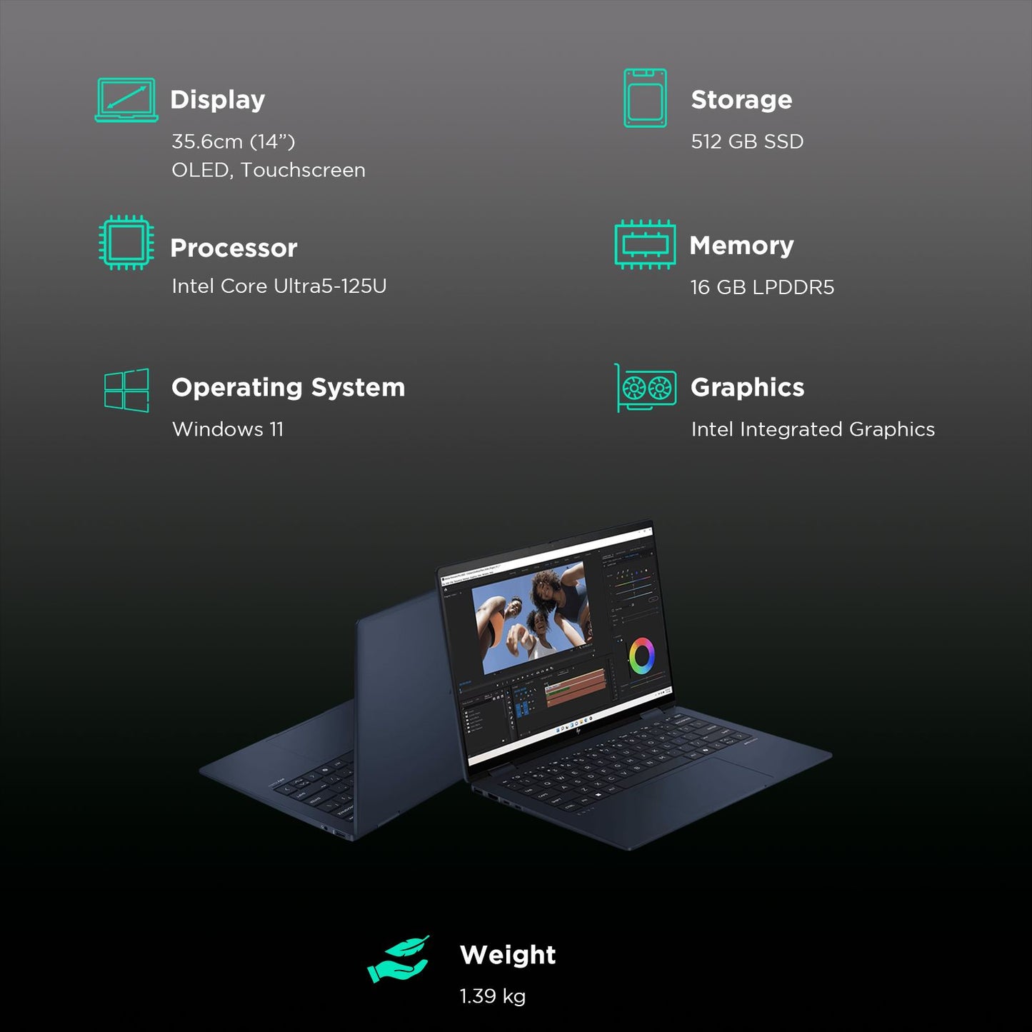 HP Envy x360 14 fc0078TU Intel Core Ultra 5 Touchscreen 2-in-1 Laptop (16GB, 512GB SSD, Windows 11 Home, 14 inch 2.8K OLED Display, MS Office 2021, Atmospheric Blue, 1.39 KG)