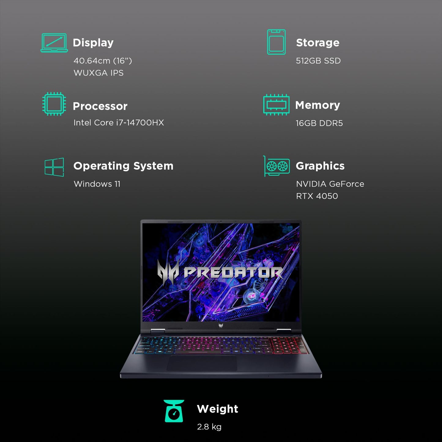 acer Predator Helios Neo 16 Intel Core i7 14th Gen Gaming Laptop (16GB, 512GB SSD, Windows 11 Home, 6GB Graphics, 16 inch 165 Hz WUXGA IPS Display, NVIDIA GeForce RTX 4050, Abyssal Black, 2.8 KG)