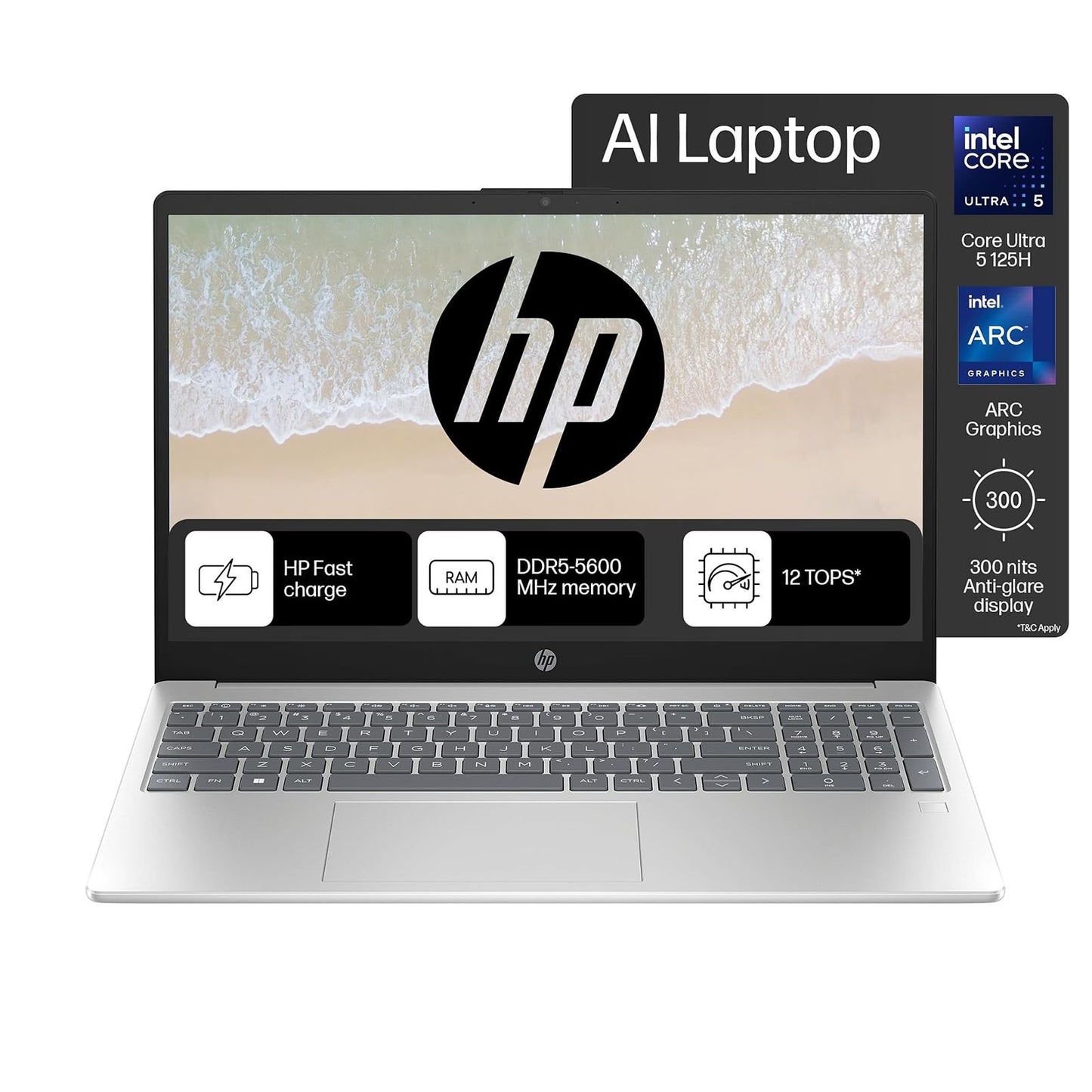 HP FD1099TU Intel Core Ultra 5 Thin and Light Laptop (16GB, 512GB SSD, Windows 11 Home, 15.6 inch Full HD Display, MS Office 2021, Natural Silver, 1.69 KG)