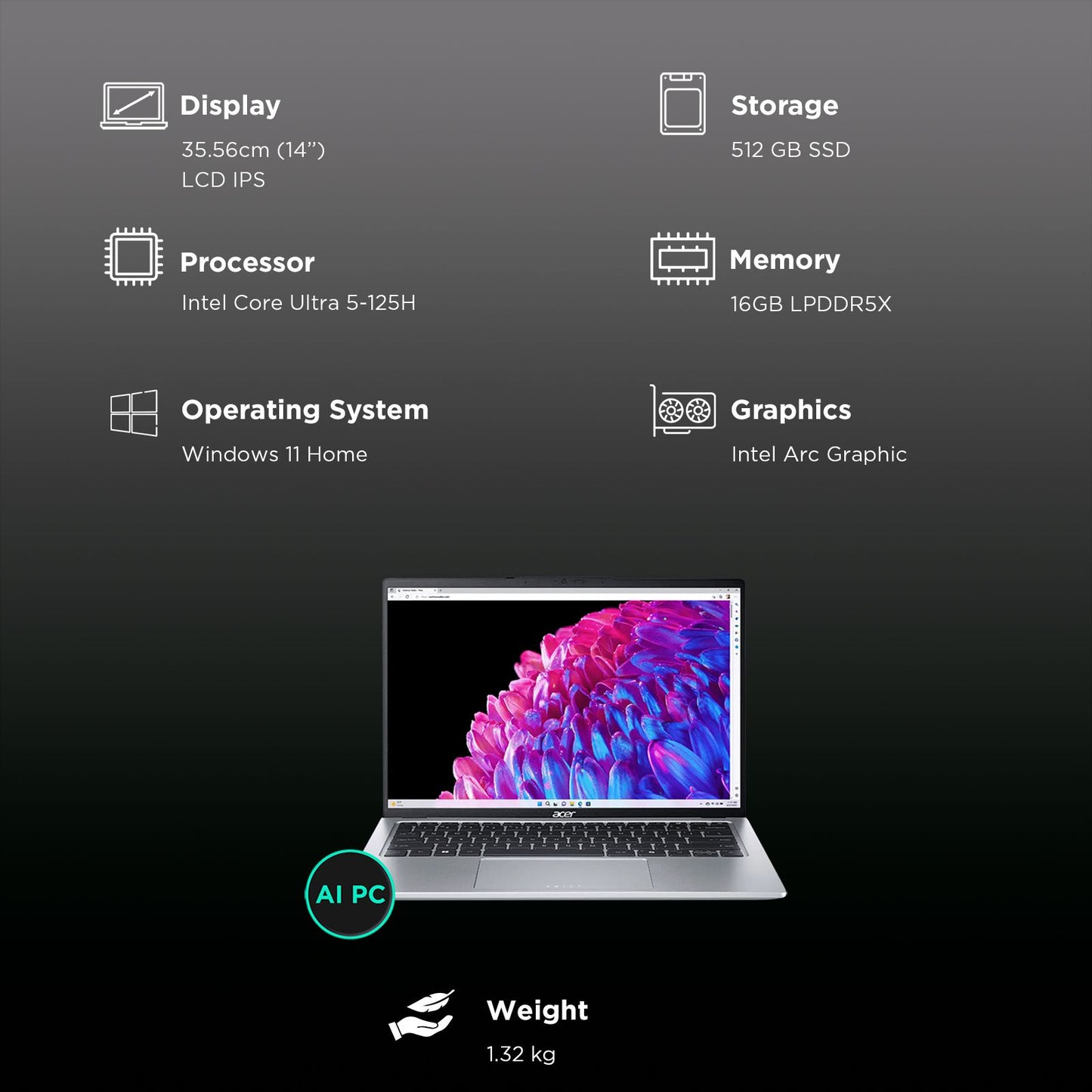 acer Swift Go SFG14-73T-58PZ Intel Core Ultra 5 Touchscreen Thin & Light Laptop (16GB, 512GB SSD, Windows 11 Home, 14 inch LCD IPS Display, MS Office 2021, Silver, 1.32 KG)