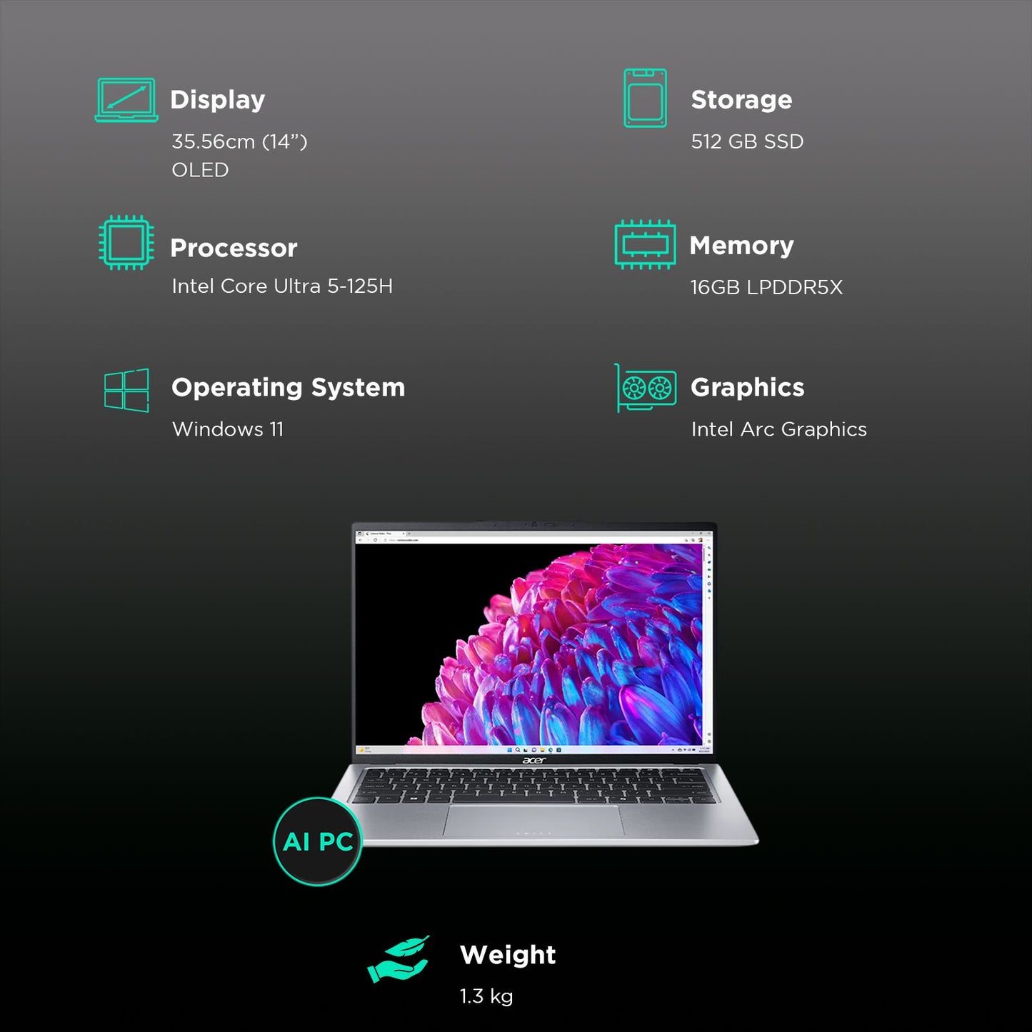 acer Swift Go 14 SFG14-73-53CL Intel Core Ultra 5 Thin & Light Laptop (16GB, 512GB SSD, Windows 11 Home, 14 inch OLED Display, Silver, 1.30 KG)