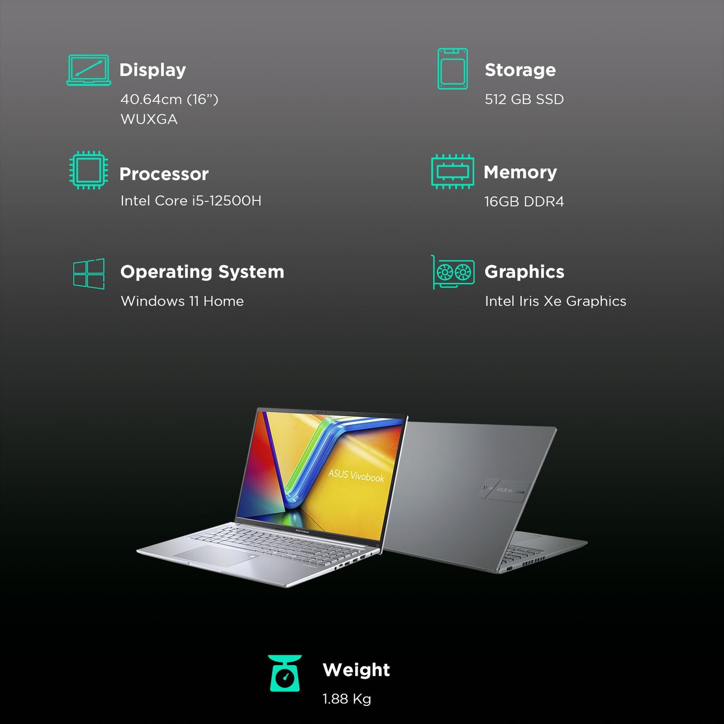 ASUS Vivobook 16 X1605ZAC-MB540WS Intel Core i5 12th Gen Thin & Light Laptop (16GB, 512GB SSD, Windows 11 Home, 16 inch WUXGA Display, MS Office Home and Student 2021, Transparent Silver, 1.88 KG)