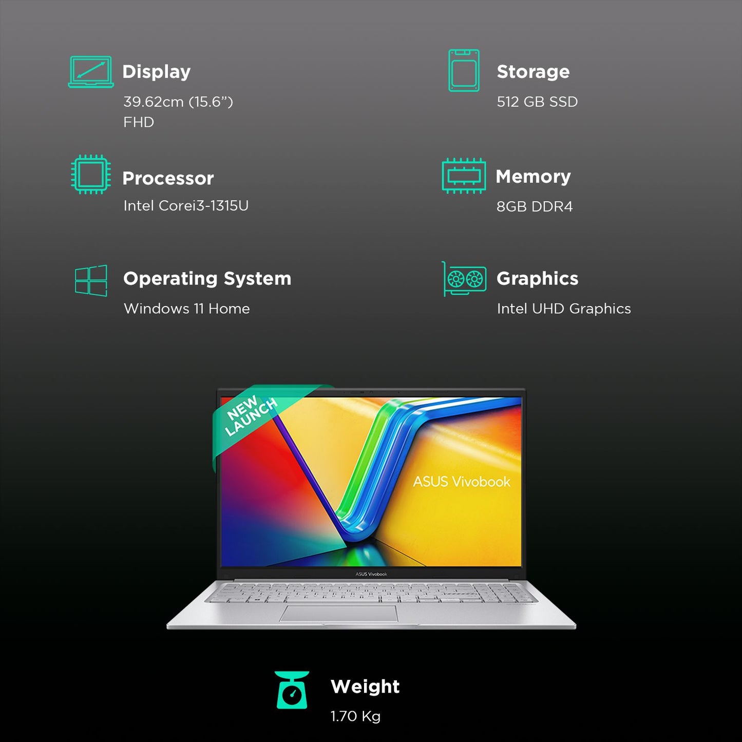 ASUS Vivobook 15 X1504VA-NJ320WS Intel Core i3 13th Gen Thin & Light Laptop (8GB, 512GB SSD, Windows 11 Home, 15.6 inch Full HD Display, MS Office Home & Student 2021, Cool Silver, 1.7 KG)