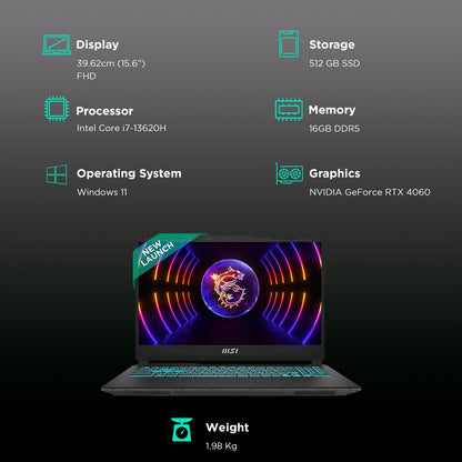 MSI Cyborg 15 A13VFK 1079IN Intel Core i7 13th Gen Gaming Laptop (16GB, 512GB SSD, Windows 11 Home, 8GB Graphics, 15.6 inch 144 Hz FHD Display, NVIDIA GeForce RTX 4060, MS Office Home & Student 2021, Translucent Black, 1.98 KG)