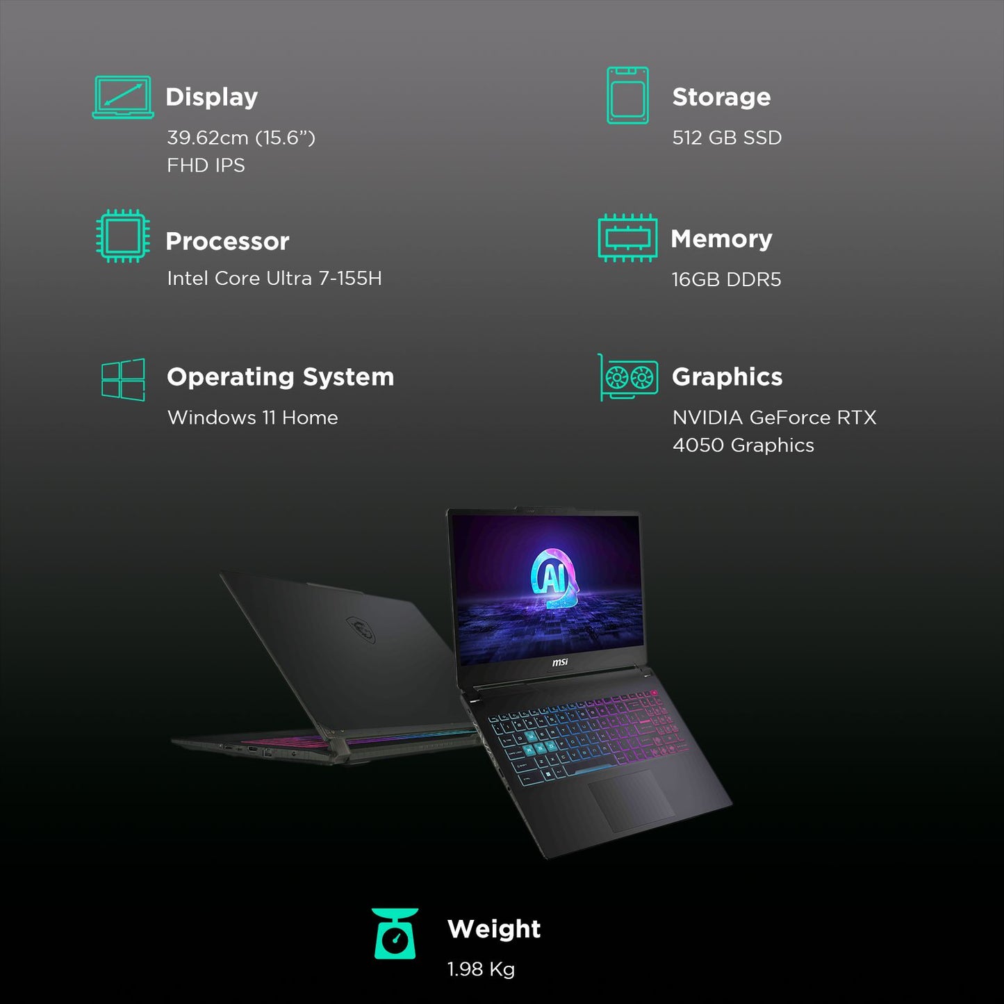 MSI Cyborg 15 AI A1VEK 096IN Intel Core Ultra 7 Gaming Laptop (16GB, 512GB SSD, Windows 11 Home, 6GB Graphics, 15.6 inch 144 Hz FHD Display, NVIDIA GeForce RTX 4050, MS Office Home & Student 2021, Translucent Black, 1.98 KG)
