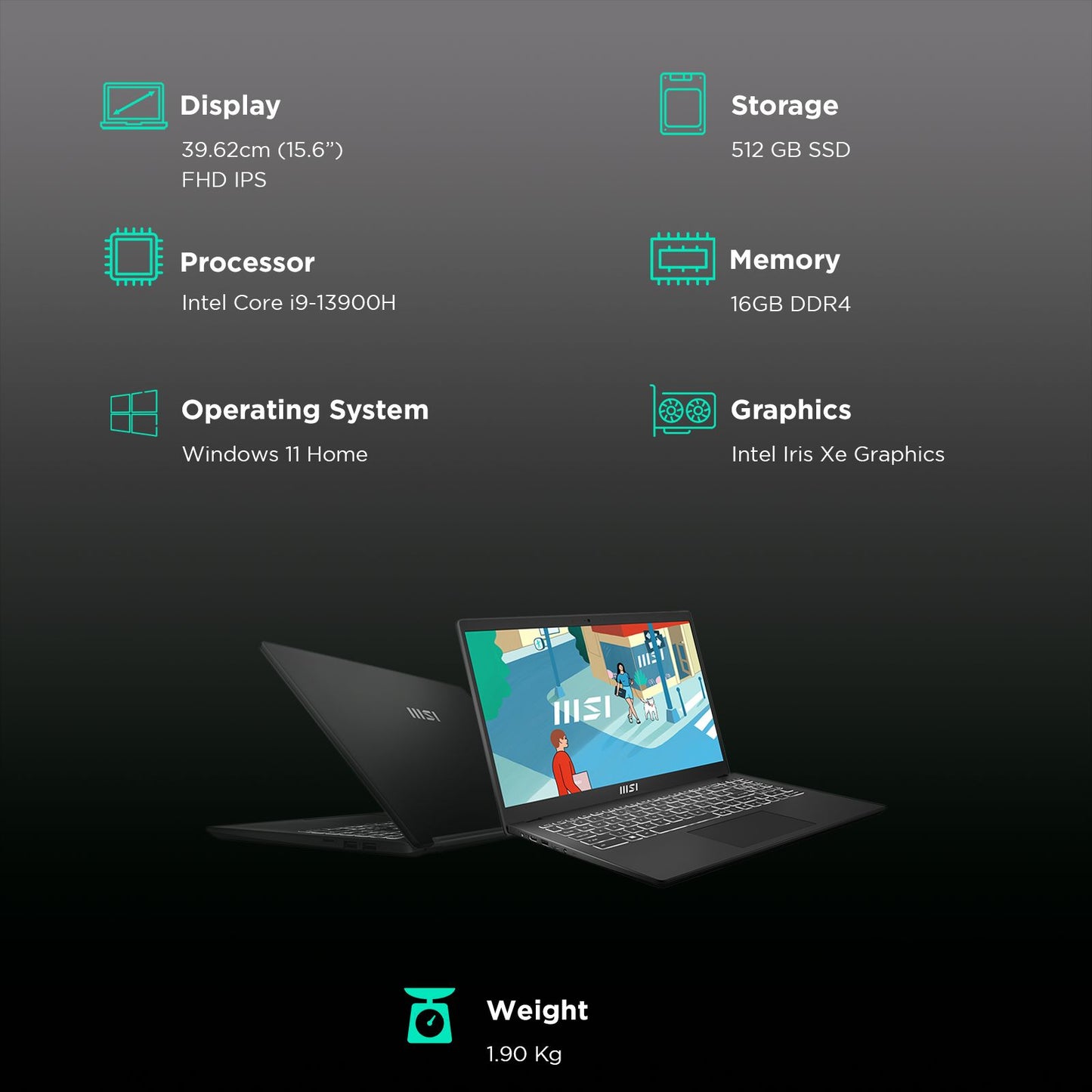 MSI Modern 15 H B13M 224IN Intel Core i9 13th Gen Business Laptop (16GB, 512GB SSD, Windows 11 Home, 15.6 inch Full HD IPS Display, MS Office 2021, Classic Black, 1.9 KG)
