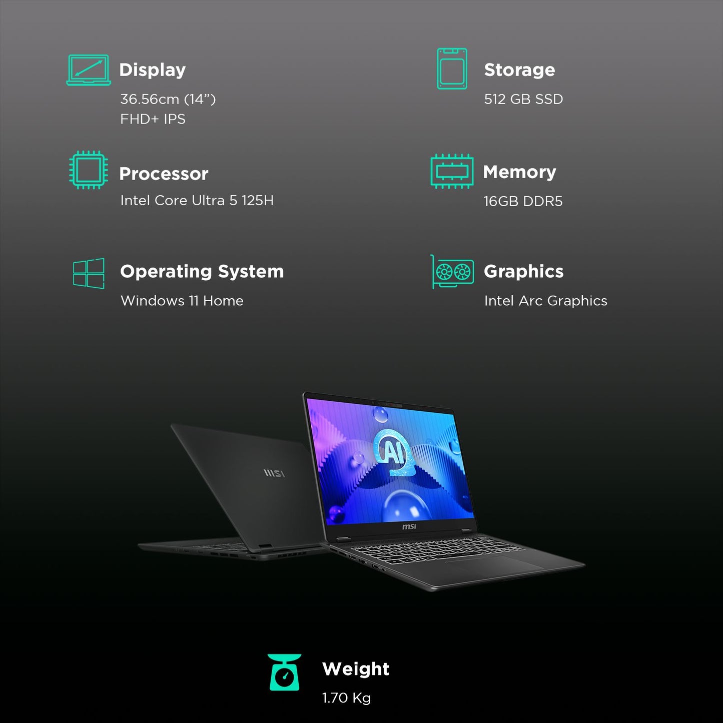 MSI Prestige 14 AI Evo C1MG 058IN Intel Core Ultra 5 Business Laptop (16GB, 512GB SSD, Windows 11 Home, 14 inch FHD Plus Display, MS Office 2021, Stellar Gray, 1.7 KG)