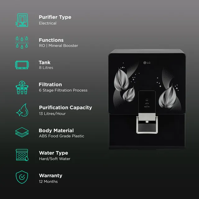 LG WW146RPLB.BBL 8L RO + MB Water Purifier with Multi Stage Filtration Process (Solid Black)