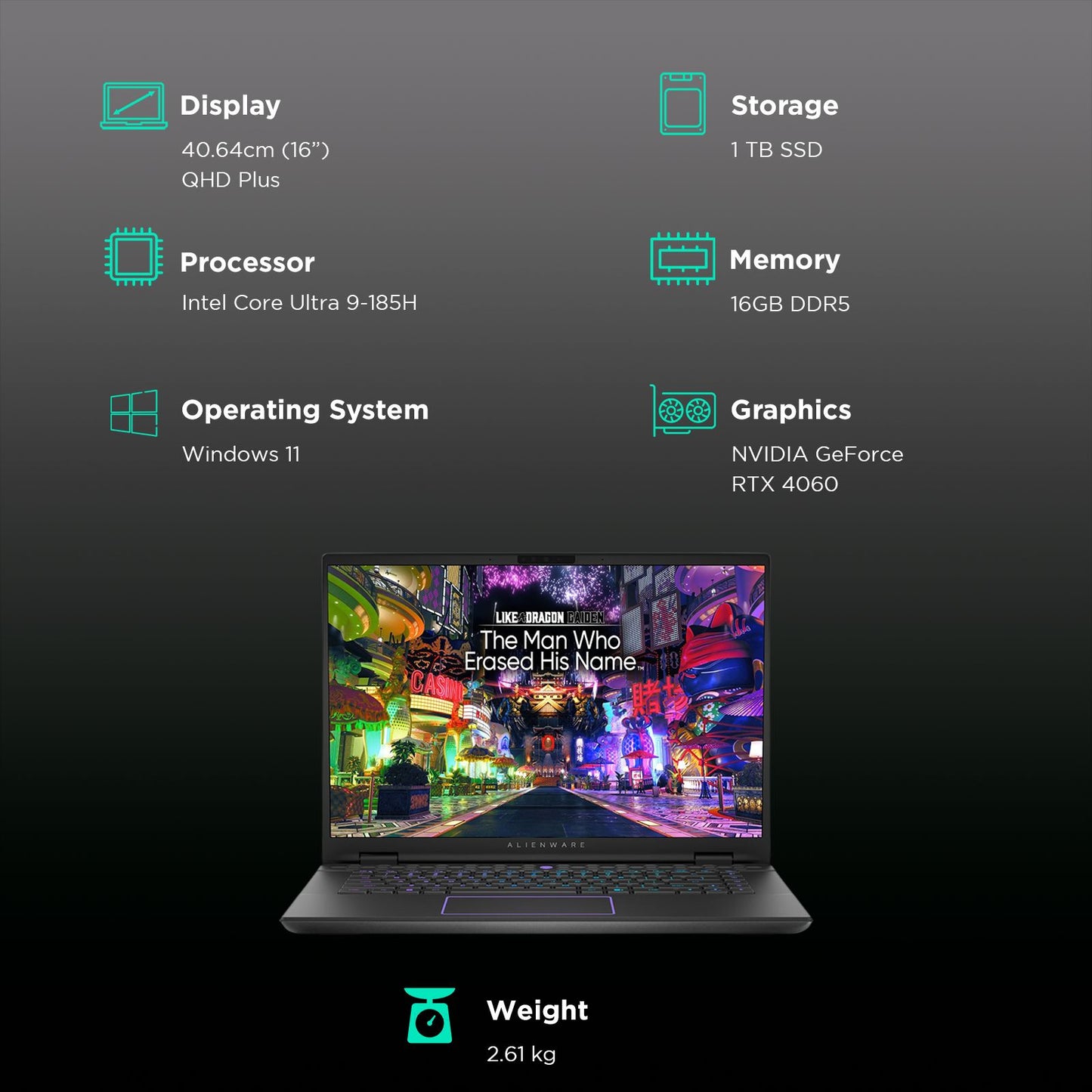 DELL Alienware m16 R2 Intel Core Ultra 9 Gaming Laptop (16GB, 1TB SSD, Windows 11 Home, 8GB Graphics, 16 inch 240 Hz QHD Plus Display, NVIDIA GeForce RTX 4060, MS Office Home & Student 2021, Dark Metallic Moon, 2.61 KG)