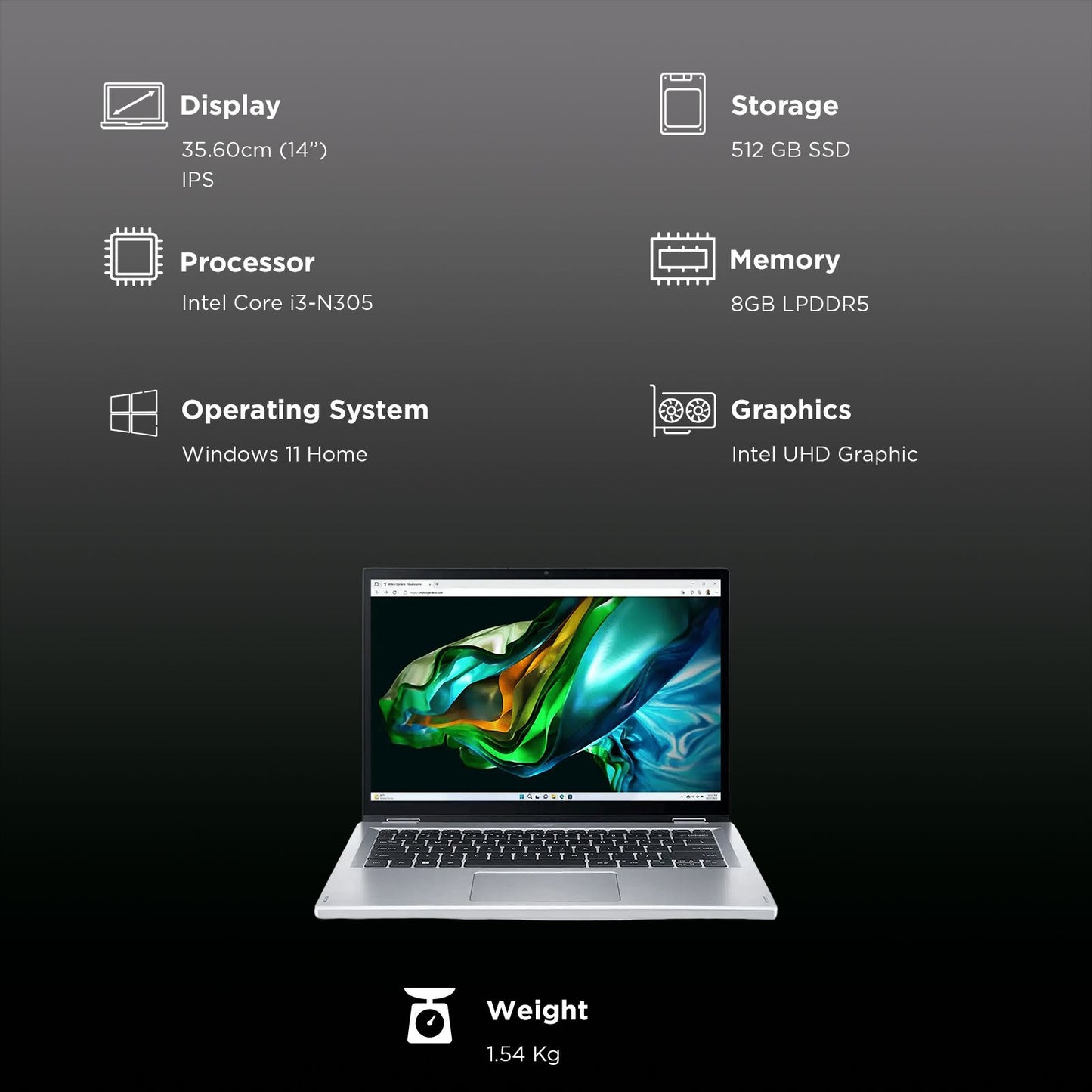 acer Aspire 3 Spin A3SP14-31PT Intel Core i3 Touchscreen 2-in-1 Laptop (8GB, 512GB SSD, Windows 11 Pro, 14 inch WUXGA IPS Display, MS Office 2021, Silver, 1.54 KG)
