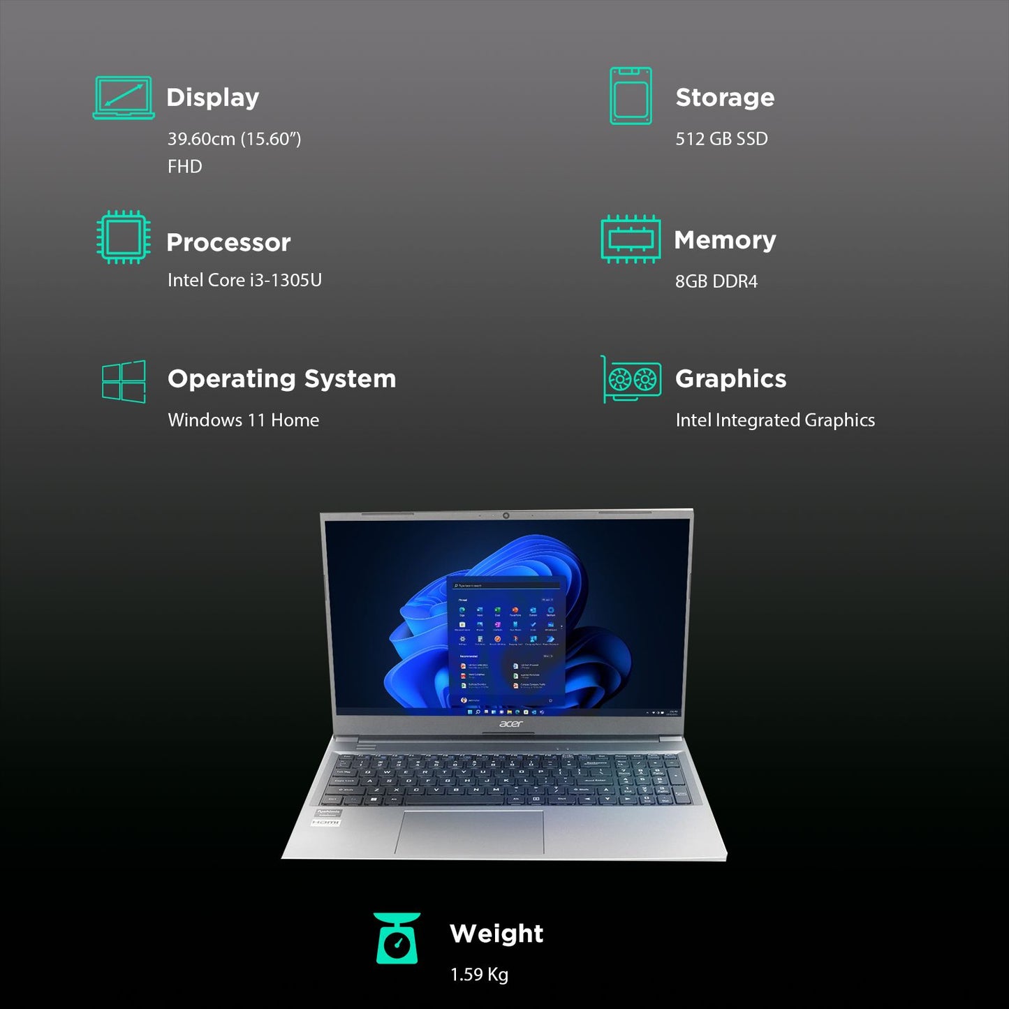 acer Aspire Lite AL15-53 Intel Core i3 13th Gen Thin & Light Laptop (8GB, 512GB SSD, Windows 11 Home, 15.6 inch Full HD Display, MS Office, Steel Gray, 1.59 KG)