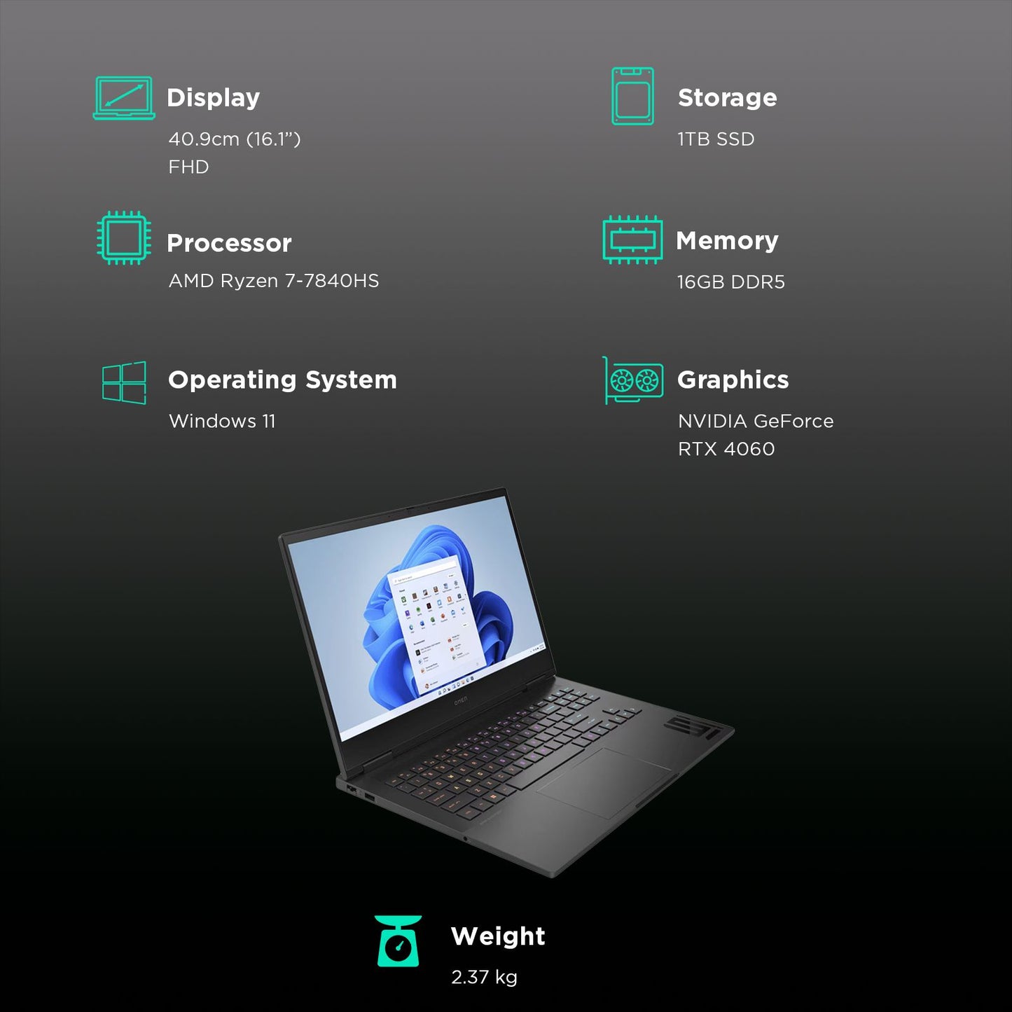 HP Omen 16 xd0020AX AMD Ryzen 7 Gaming Laptop (16GB, 1TB SSD, Windows 11 Home, 8GB Graphics, 16.1 inch 165 Hz FHD Display, NVIDIA GeForce RTX 4060, MS Office 2021, Shadow Black, 2.37 KG)
