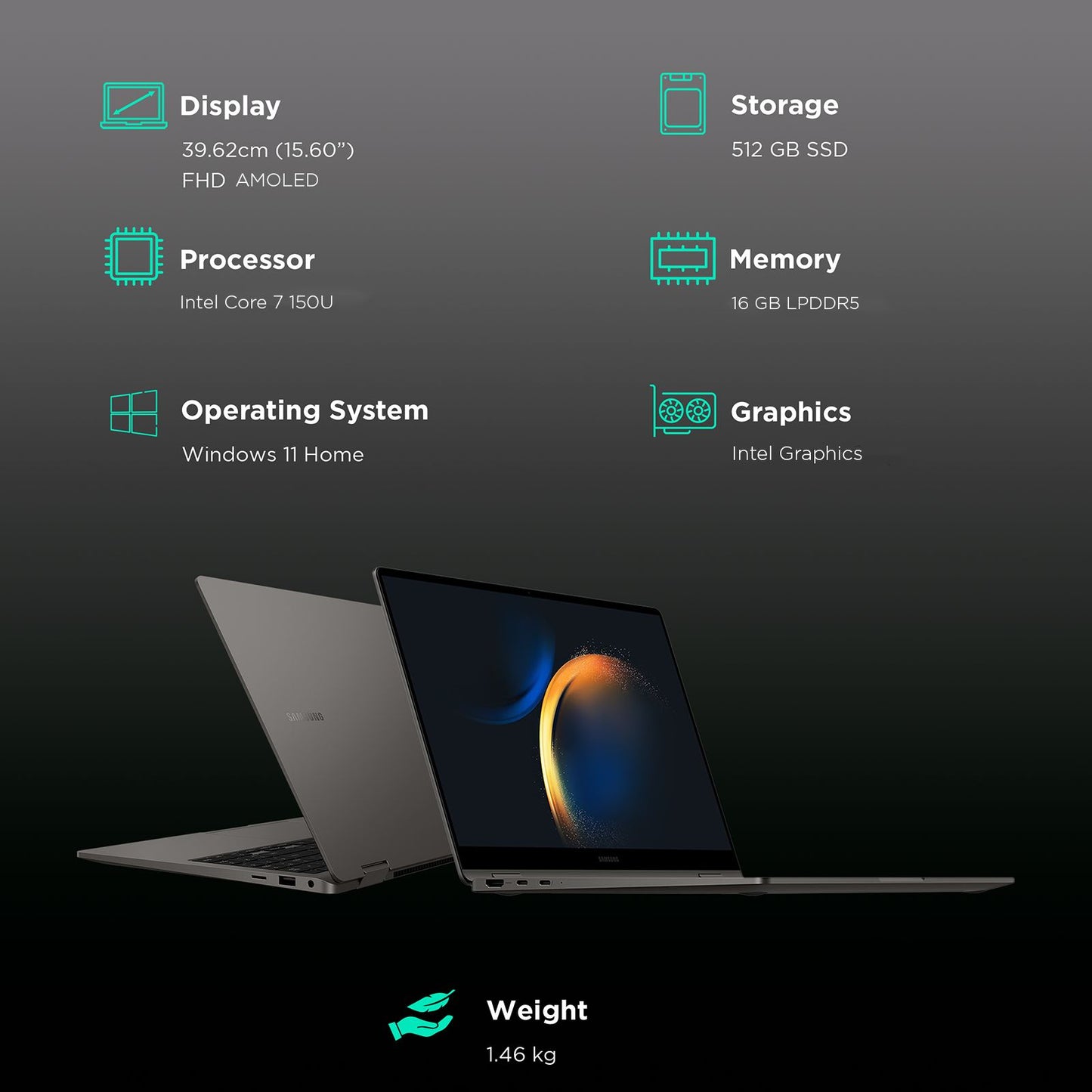 SAMSUNG Galaxy Book4 360 Intel Core 7 Touchscreen 2-in-1 Laptop (16GB, 512GB SSD, Windows 11 Home, 15.6 inch Full HD AMOLED Display, MS Office 2021, Gray, 1.46 KG)
