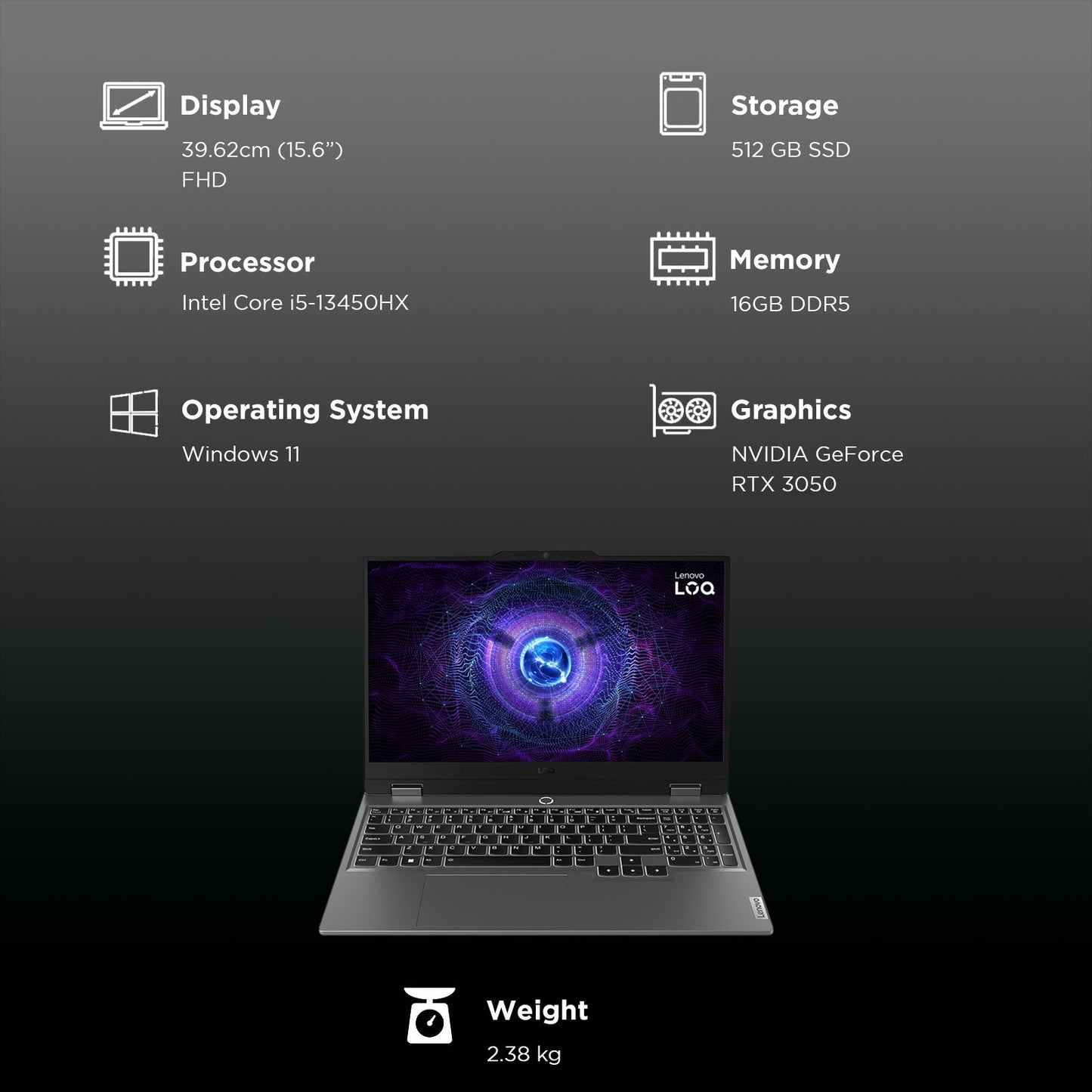 Lenovo LOQ 15IRX9 Intel Core i5 13th Gen Gaming Laptop (16GB, 512GB SSD, Windows 11 Home, 6GB Graphics, 15.6 inch 144 Hz Full HD IPS Display, NVIDIA GeForce RTX 3050, MS Office 2021, Luna Grey, 2.38 KG)