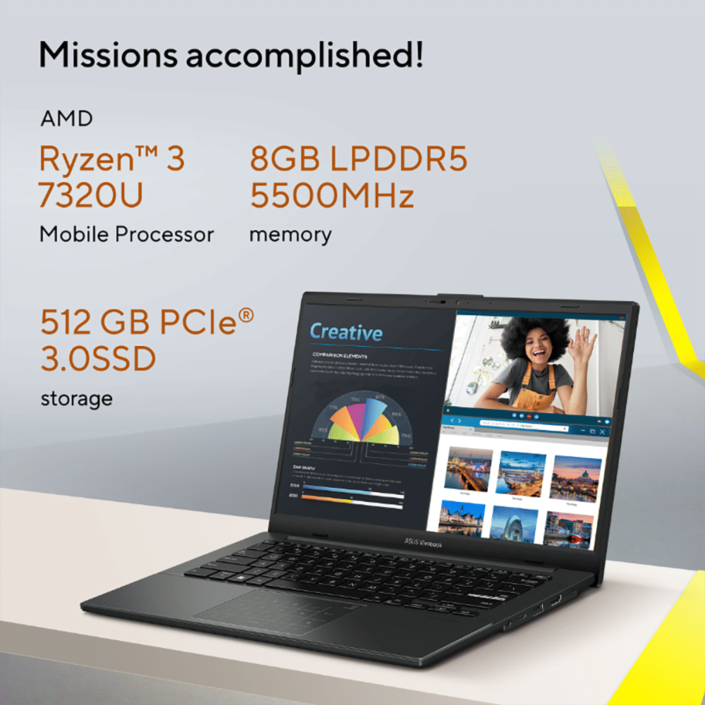 ASUS Vivo book Go AMD Ryen 3 Laptop (8GB, 512GB SSD, Windows 11 Home, 14 inch Full HD LED Backlit Display, MS Office 2021, Mixed Black, 1.38 KG)