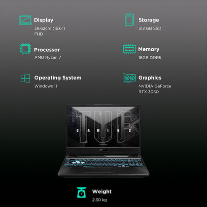 ASUS TUF Gaming A15 FA506NCR-HN075WS AMD Ryzen 7 Gaming Laptop (16GB, 512GB SSD, Windows 11 Home, 4GB Graphics, 15.6 inch 144 Hz Full HD IPS Display, NVIDIA GeForce RTX 3050, MS Office Home and Student 2021, Graphite Black, 2.3 KG)