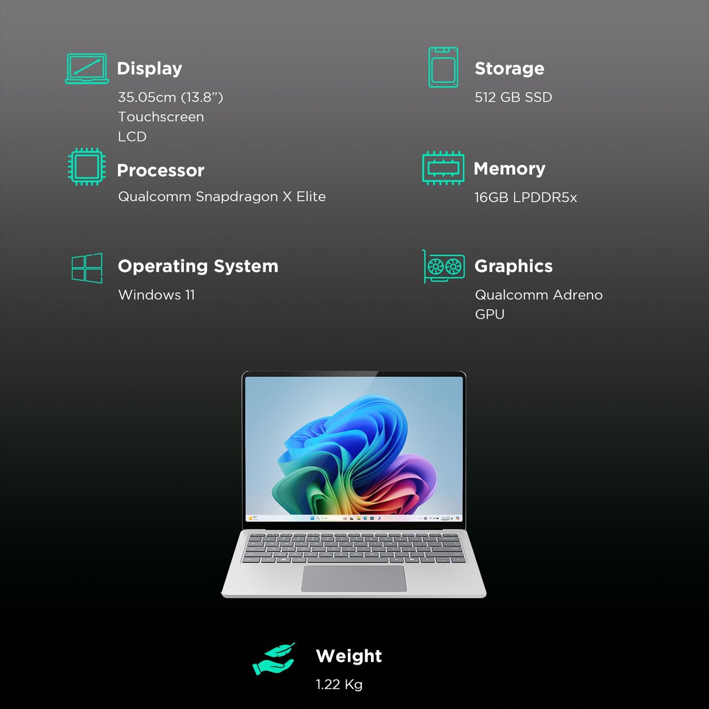 Microsoft Surface 7th Edition Snapdragon X Elite Touchscreen Ultra Thin Laptop (16GB, 512GB SSD, Windows 11 Home, 13.8 inch LCD Display, Platinum, 1.34 KG)