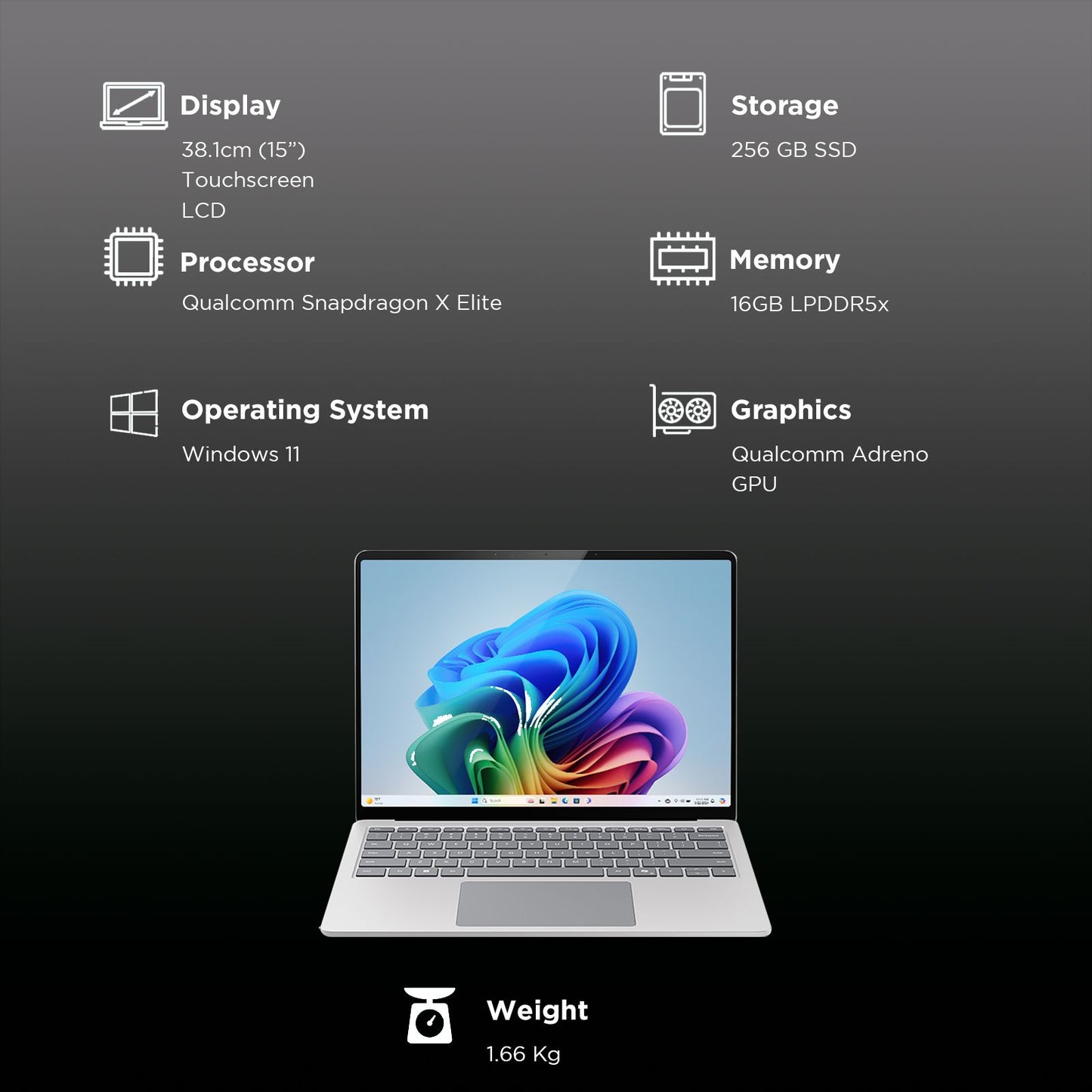 Microsoft Surface 7th Edition Snapdragon X Elite Touchscreen Ultra Thin Laptop (16GB, 256GB SSD, Windows 11 Home, 15 inch LCD Display, Platinum, 1.66 KG)
