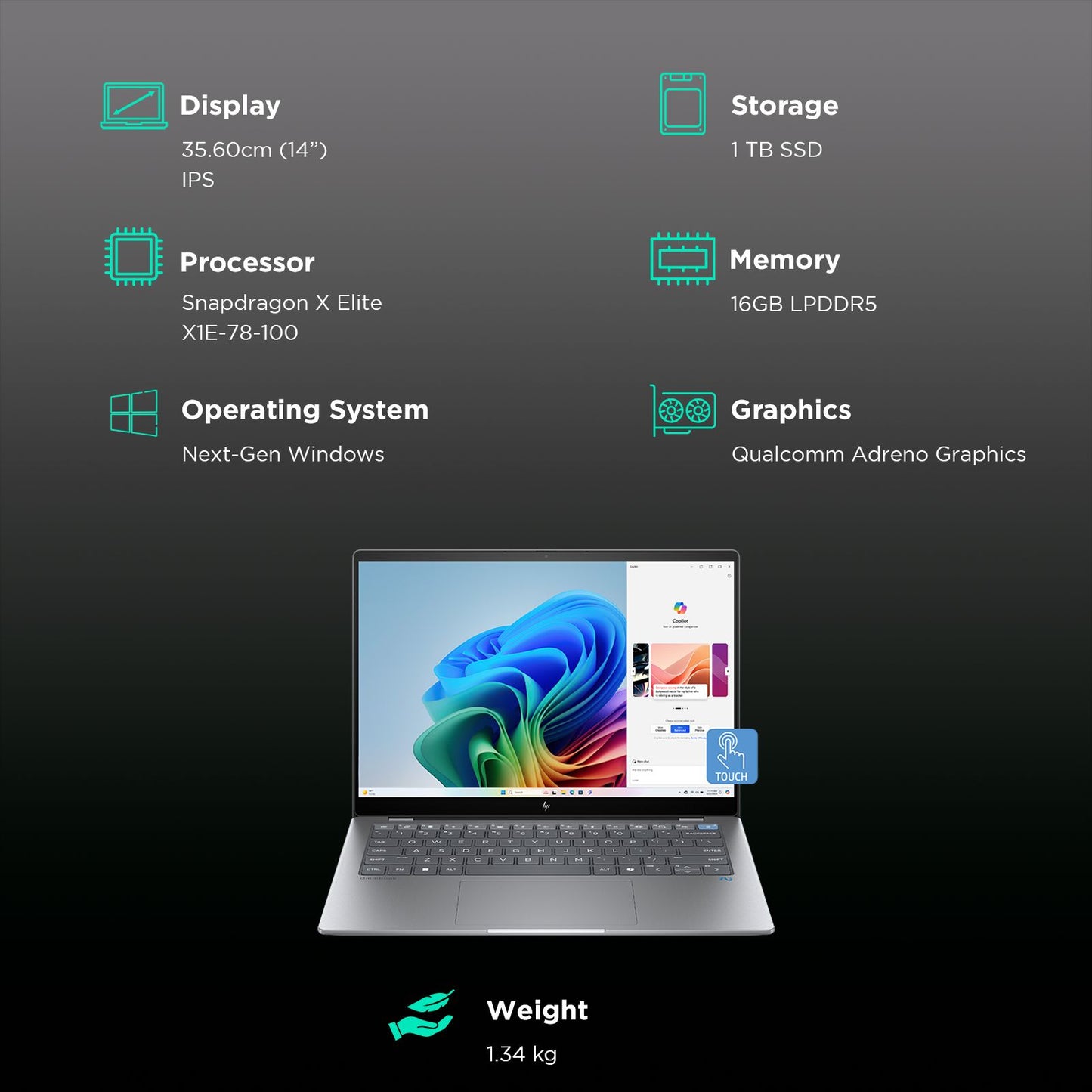 HP OmniBook X 14-fe0121QU Snapdragon X Elite Touchscreen Thin & Light Laptop (16GB, 1TB SSD, Next-Gen Windows, 14 inch 2.2K IPS Display, MS Office 2021, Meteor Silver, 1.34 KG)