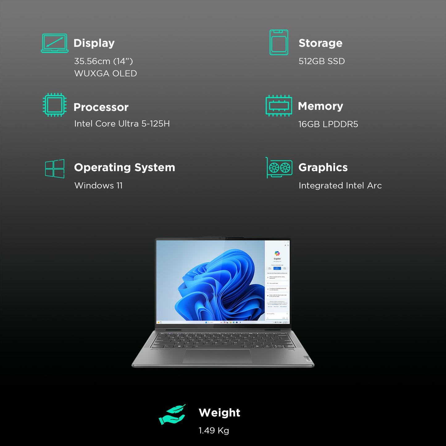 Lenovo Yoga 7 14IML9 Intel Core Ultra 5 Touchscreen 2-in-1 Laptop (16GB, 512GB SSD, Windows 11 Home, 14 inch WUXGA OLED Display, MS Office 2021, Storm Grey, 1.49 KG)