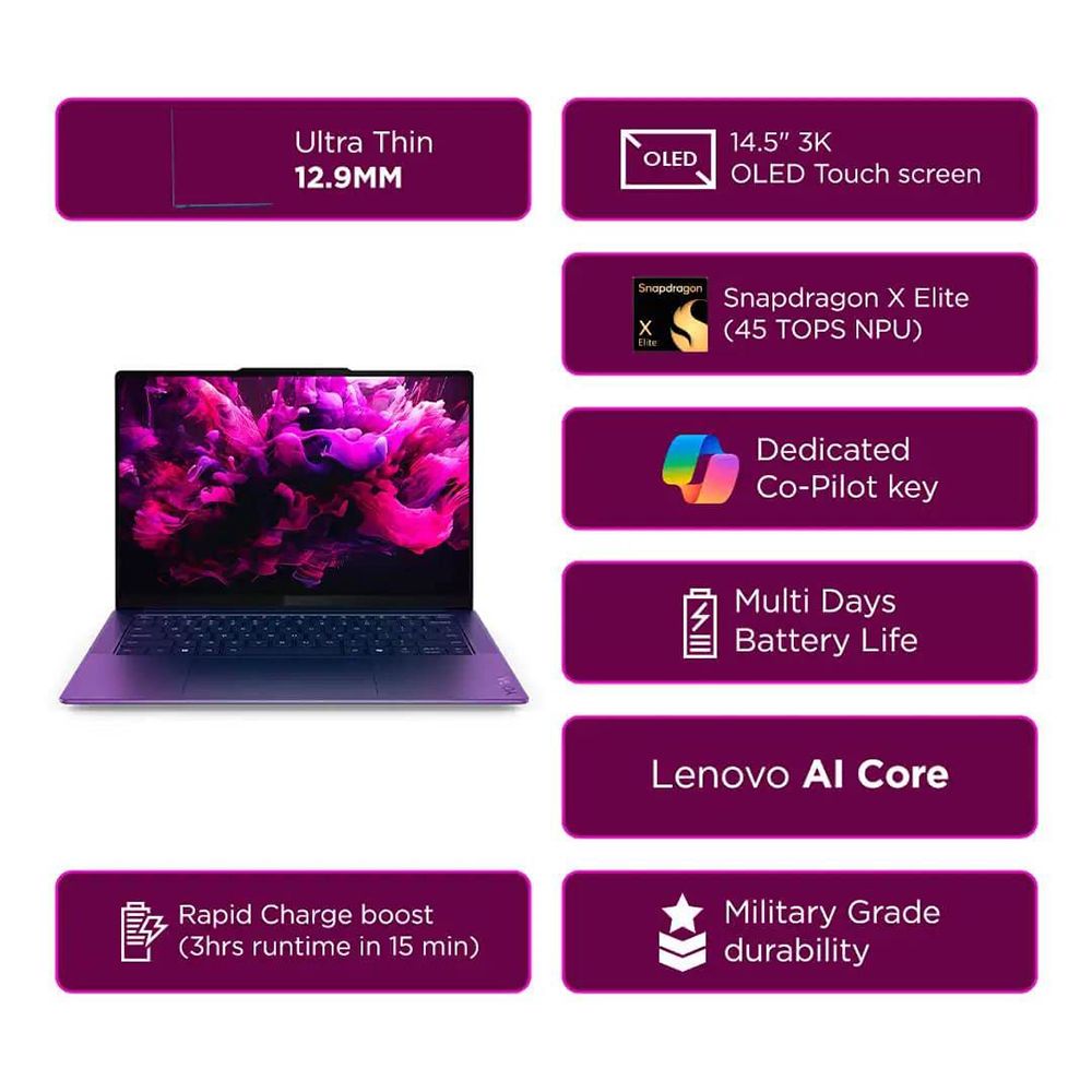 Lenovo Yoga Slim 7x Snapdragon X Elite X1E 9th Gen Touchscreen Thin & Light Laptop (32GB, 1TB SSD, Windows 11 Home, 14.5 inch OLED Display, MS Office 2021, Cosmic Blue, 1.28 KG)