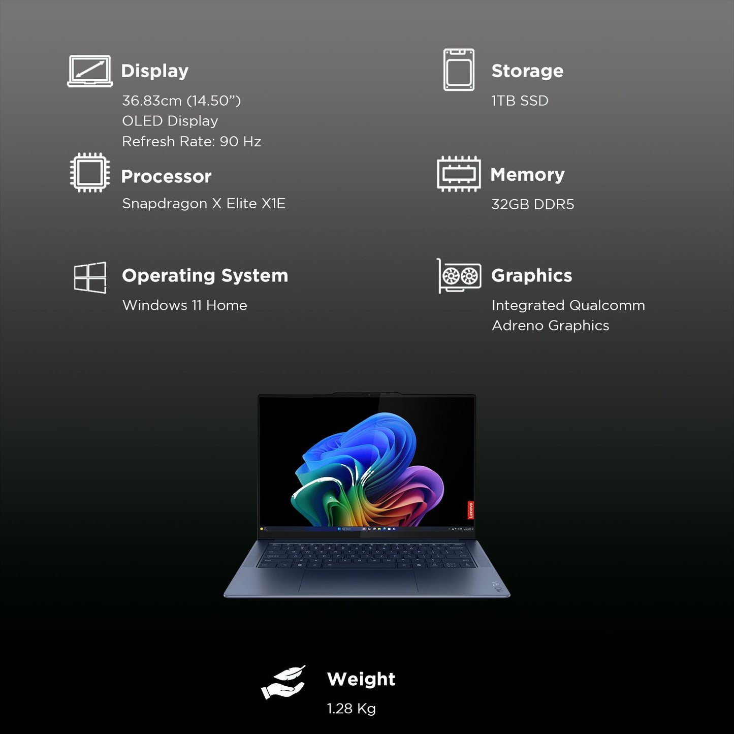 Lenovo Yoga Slim 7x Snapdragon X Elite X1E 9th Gen Touchscreen Thin & Light Laptop (32GB, 1TB SSD, Windows 11 Home, 14.5 inch OLED Display, MS Office 2021, Cosmic Blue, 1.28 KG)