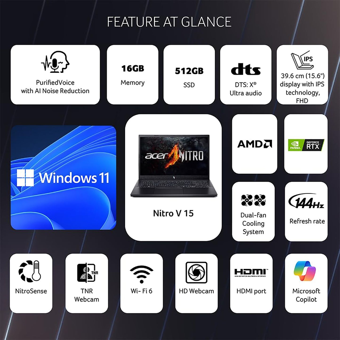 acer NITRO V ANV15-41 AMD Ryzen 7 Gaming Laptop (16GB, 512GB SSD, Windows 11 Home, 6GB Graphics, 15.6 inch 144 Hz Full HD Display, NVIDIA GeForce RTX 3050, Obsidian Black, 2.1 KG)