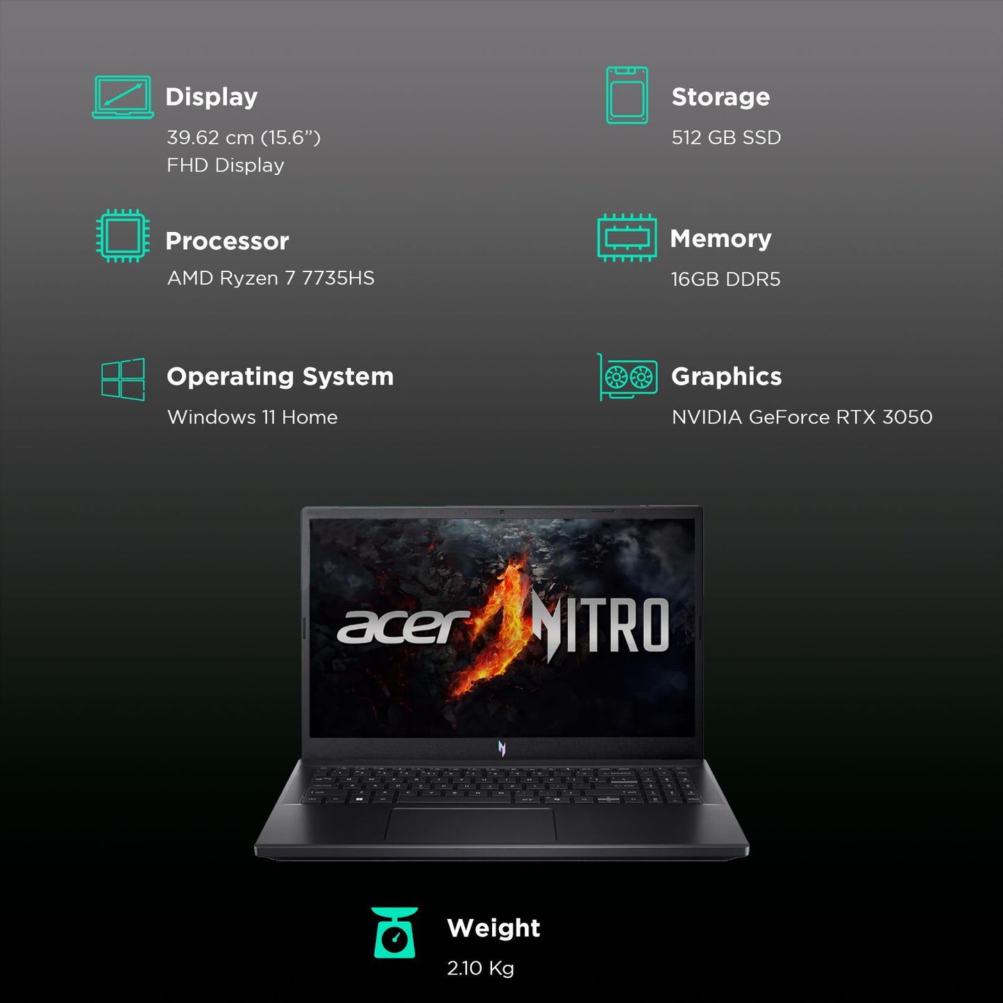 acer NITRO V ANV15-41 AMD Ryzen 7 Gaming Laptop (16GB, 512GB SSD, Windows 11 Home, 6GB Graphics, 15.6 inch 144 Hz Full HD Display, NVIDIA GeForce RTX 3050, Obsidian Black, 2.1 KG)
