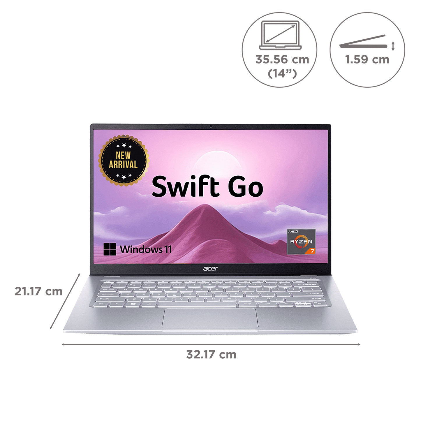 acer Swift Go AMD Ryzen 7 7730U Thin & Light Laptop (16GB, 512GB SSD, Windows 11 Home, 14 inch Full HD IPS Display, MS Office, Pure Silver, 1.25 KG)