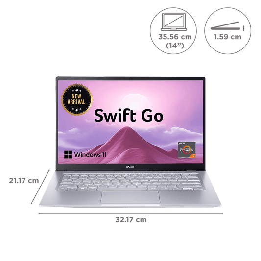 acer Swift Go AMD Ryzen 7 7730U Thin & Light Laptop (16GB, 512GB SSD, Windows 11 Home, 14 inch Full HD IPS Display, MS Office, Pure Silver, 1.25 KG)