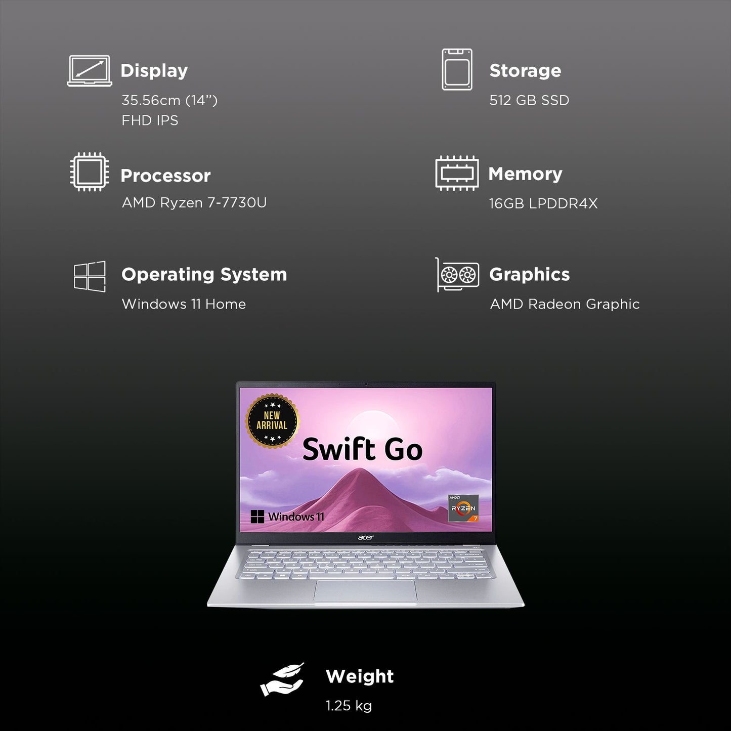 acer Swift Go AMD Ryzen 7 7730U Thin & Light Laptop (16GB, 512GB SSD, Windows 11 Home, 14 inch Full HD IPS Display, MS Office, Pure Silver, 1.25 KG)