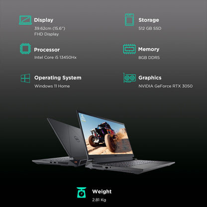 DELL G15 5530 Intel Core i5 13th Gen Gaming Laptop (8GB, 512GB SSD, Windows 11 Home, 6GB Graphics, 15.6 inch 120 Hz Full HD Display, NVIDIA GeForce RTX 3050, MS Office Home & Student 2021, Dark Shadow Gray, 2.81 KG)