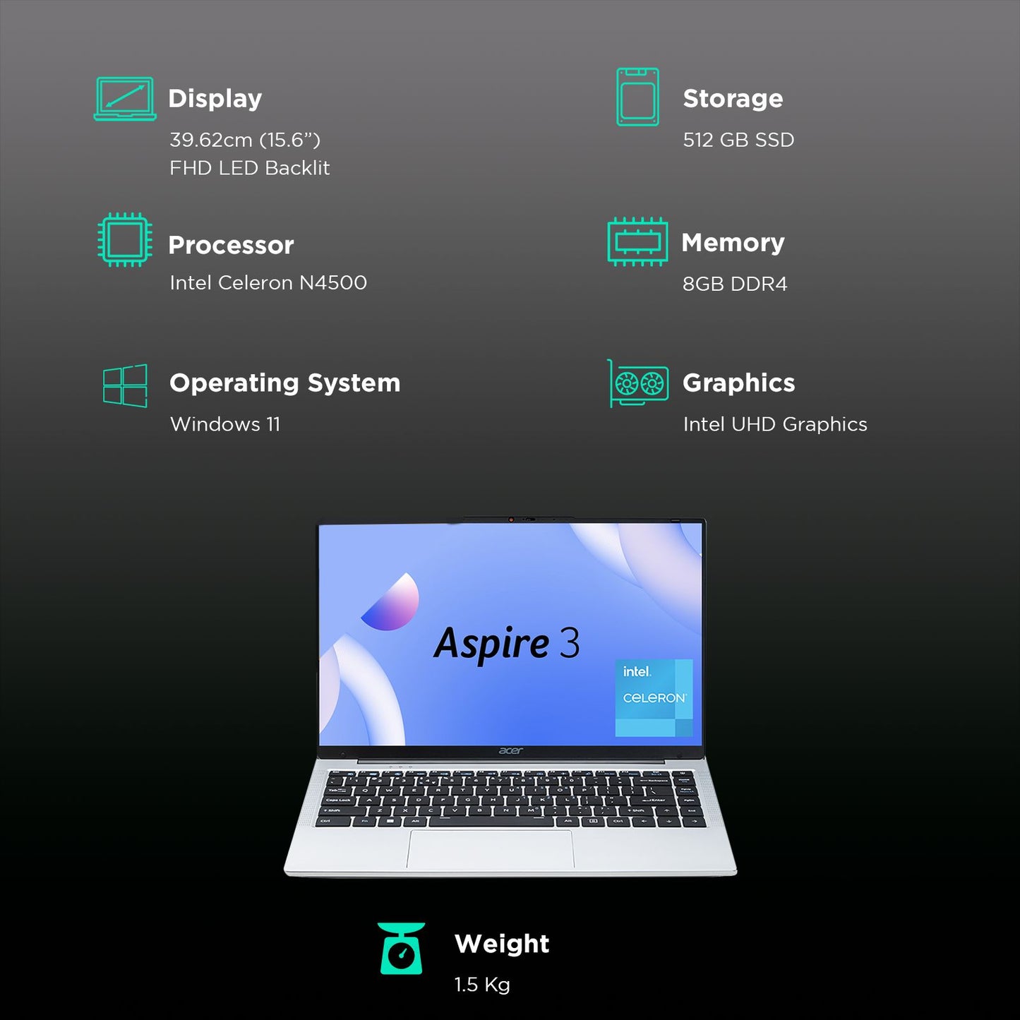 acer Aspire 3 A325-45 Intel Celeron N4500 Thin & Light Laptop (8GB, 512GB SSD, Windows 11 Home, 15.6 inch Full HD LED Backlit Display, Pure Silver, 1.5 KG)