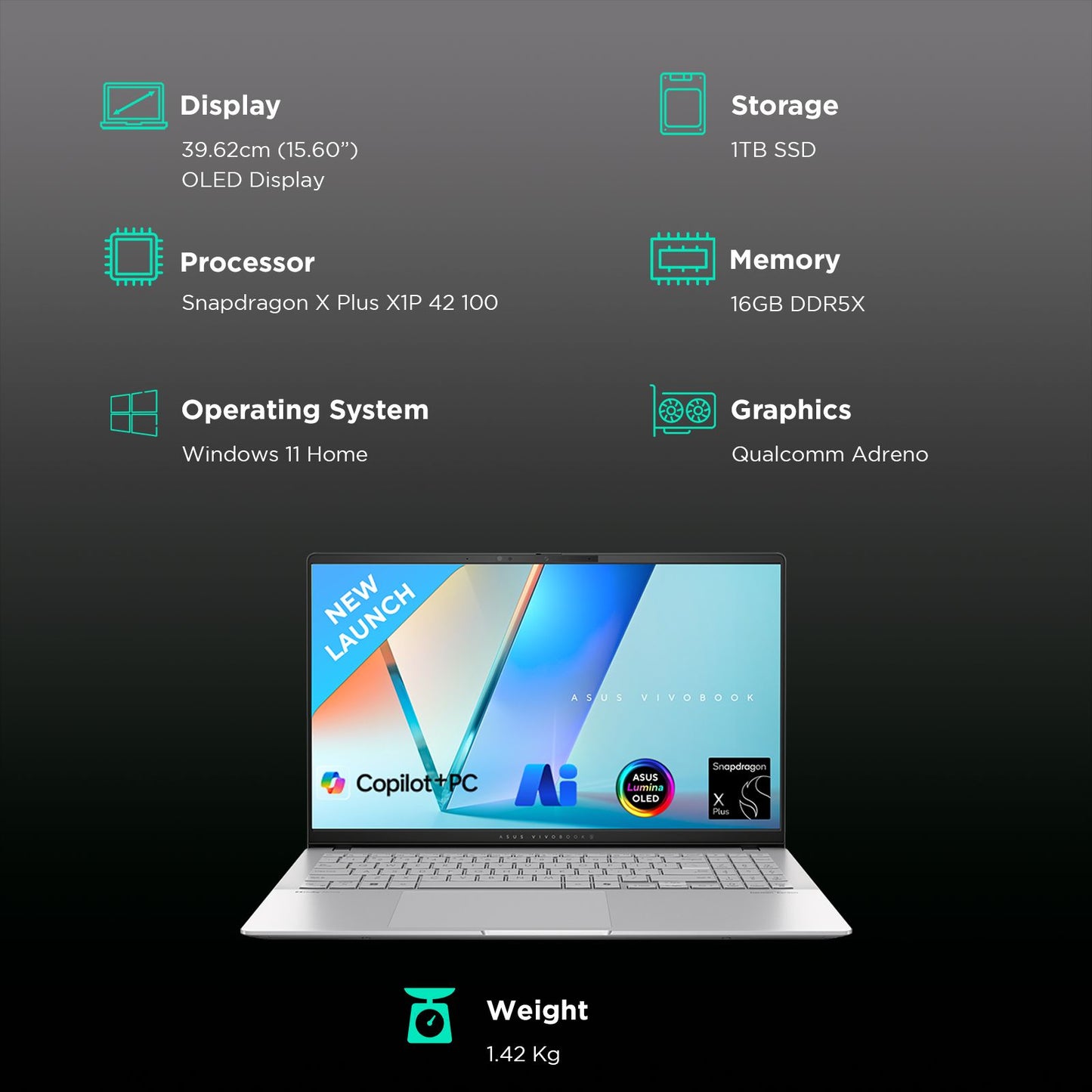 ASUS Vivobook S 15 S5507QA-MA551WS Snapdragon X Plus X1P 42 100 Thin & Light Laptop (16GB, 1TB SSD, Windows 11 Home, 15.6 inch OLED Display, MS Office 2021, Cool Silver, 1.42 KG)