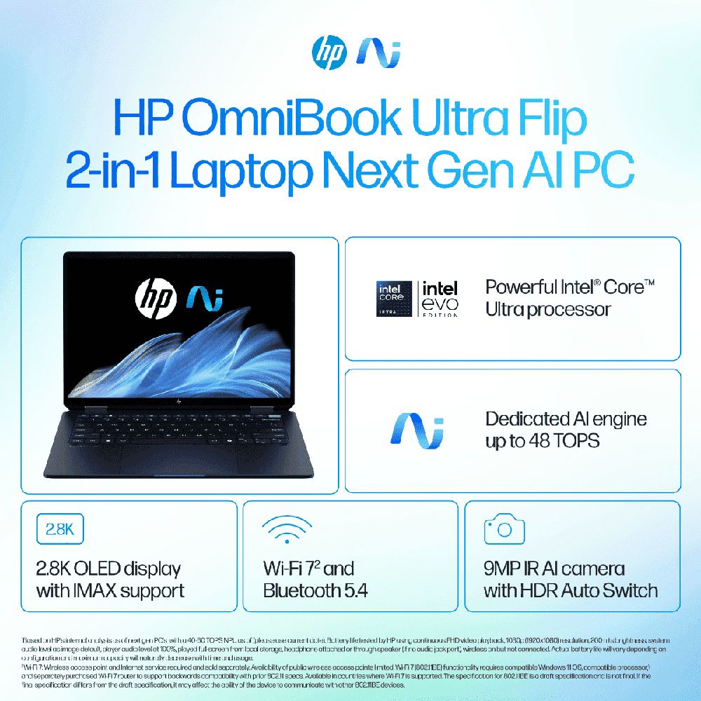 HP OmniBook Ultra Flip 14-fh0046TU Intel Core Ultra 7 Touchscreen Thin & Light Laptop (32GB, 1TB SSD, Windows 11 Home, 14 inch OLED Display, MS Office 2021, Atmospheric Blue, 1.34 KG)