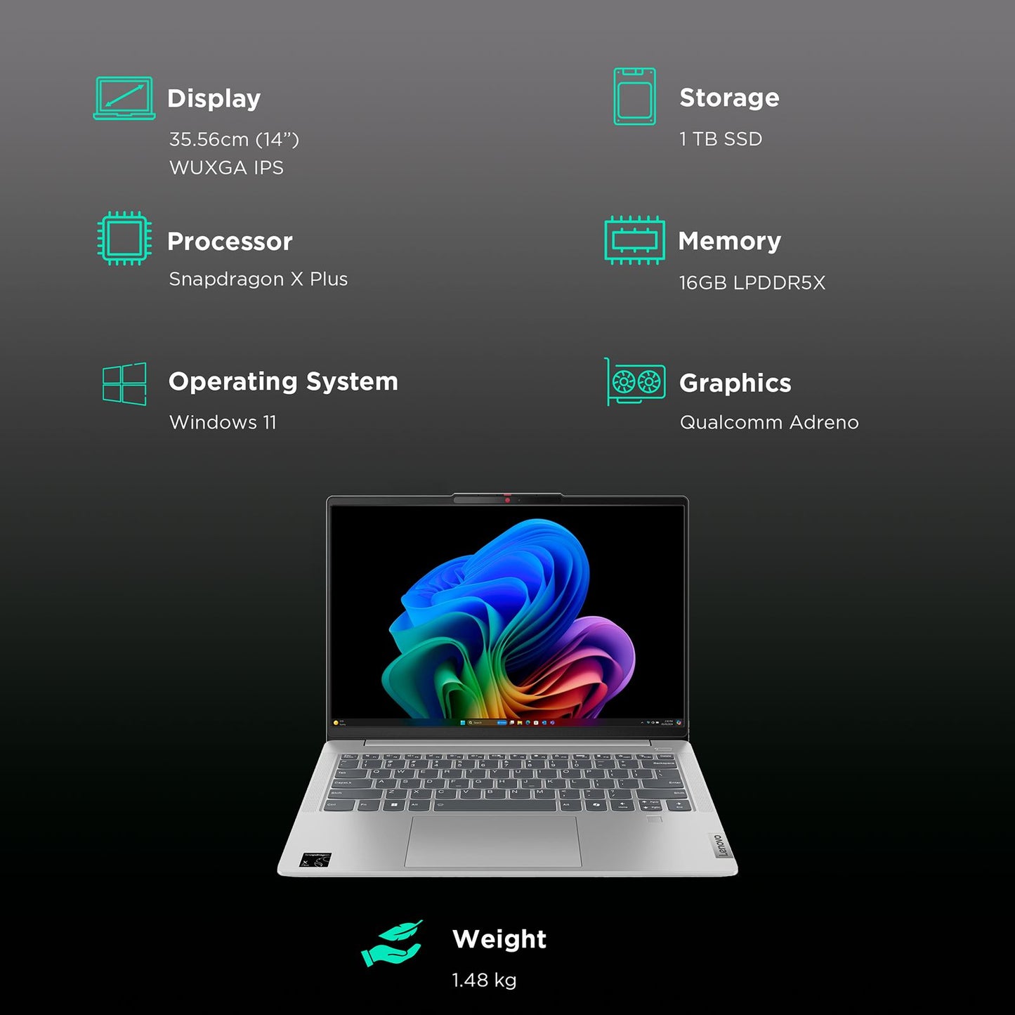 Lenovo Ideapad Slim 5x Snapdragon X Plus 9th Gen Thin & Light Laptop (16GB, 1TB SSD, Windows 11 Home, 14 inch WUXGA IPS Display, MS Office 2021, Cloud Grey, 1.48 KG)