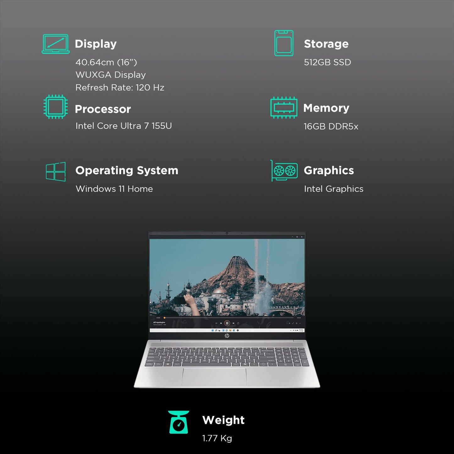 HP Pavilion 16-af0028TU Intel Core Ultra 7 155U Laptop Thin & Light (16GB, 512GB SSD, Windows 11 Home, 16 inch WUXGA Display, MS Office 2021, Natural Silver Aluminum, 1.77 KG)