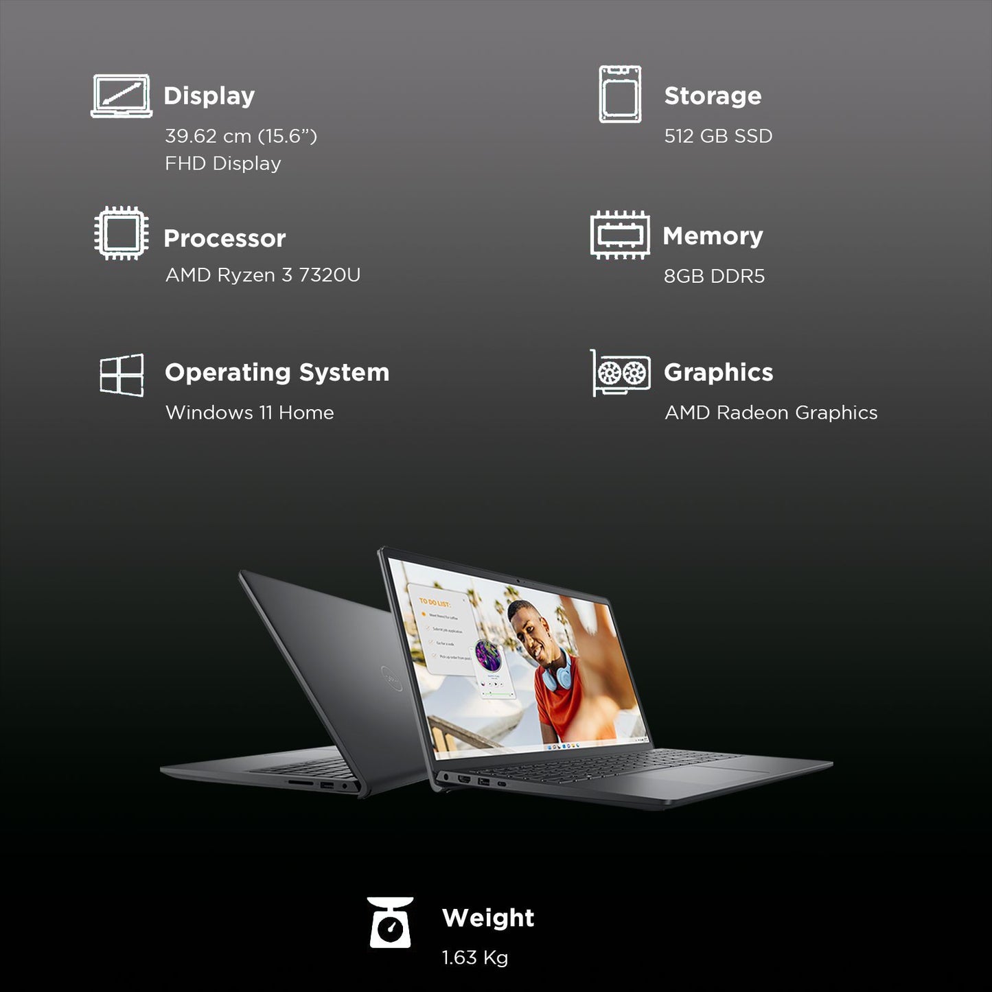 DELL Inspiron 15 3535 AMD Ryzen 3 7320U 7th Gen Notebook Laptop (8GB, 512GB SSD, Windows 11 Home, 15.6 inch Full HD Display, MS Office 2021, Carbon Black, 1.63 KG)