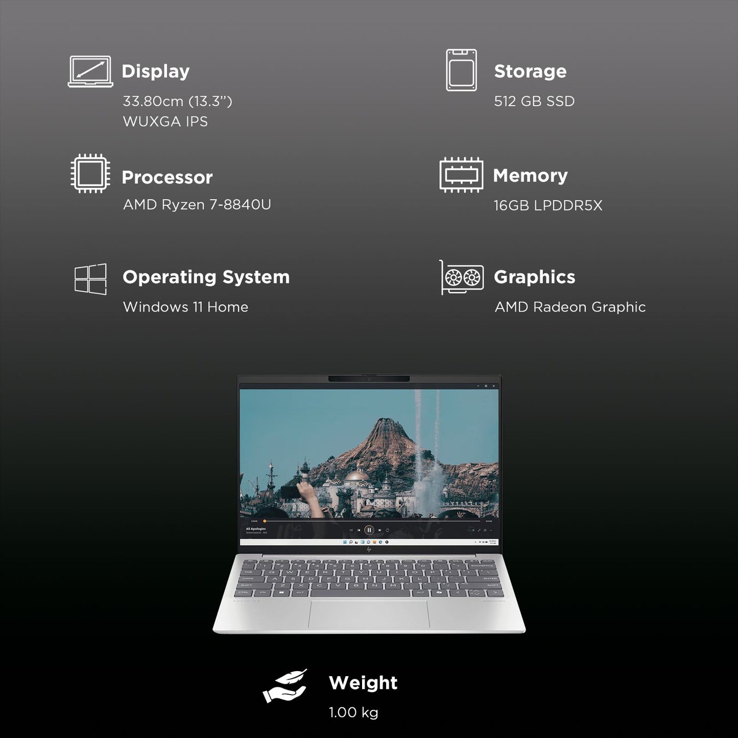 HP Pavilion Aero 13-bg0017AU AMD Ryzen 7-8840U Thin & Light Laptop (16GB, 512GB SSD, Windows 11 Home, 13.3 inch WUXGA IPS Display, MS Office 2021, Natural Silver, 1 KG)