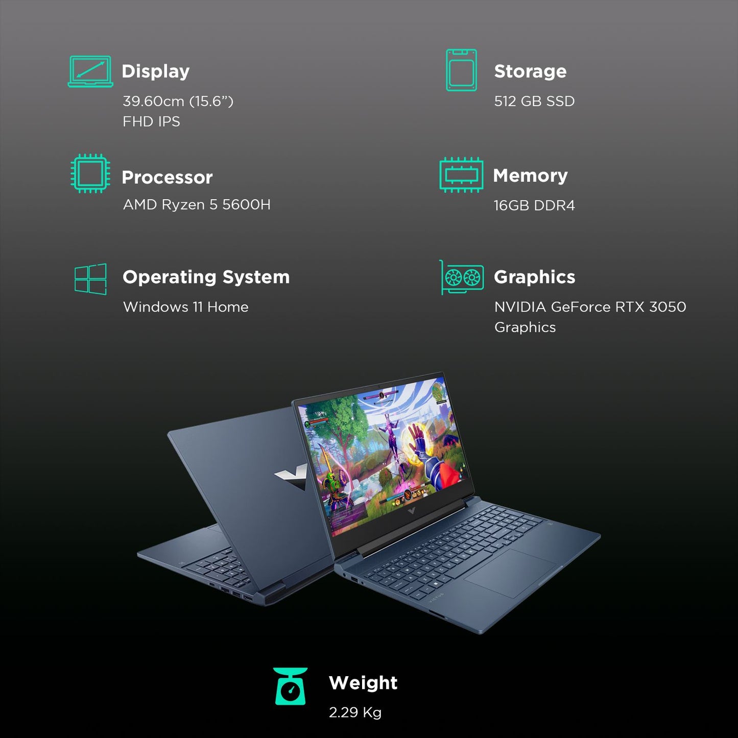 HP Victus 15-fb0178AX AMD Ryzen 5 5600H Gaming Laptop (16GB, 512GB SSD, Windows 11 Home, 4GB Graphics, 15.6 inch 144 Hz Full HD Display, NVIDIA GeForce RTX 3050, Performance Blue, 2.29 KG)